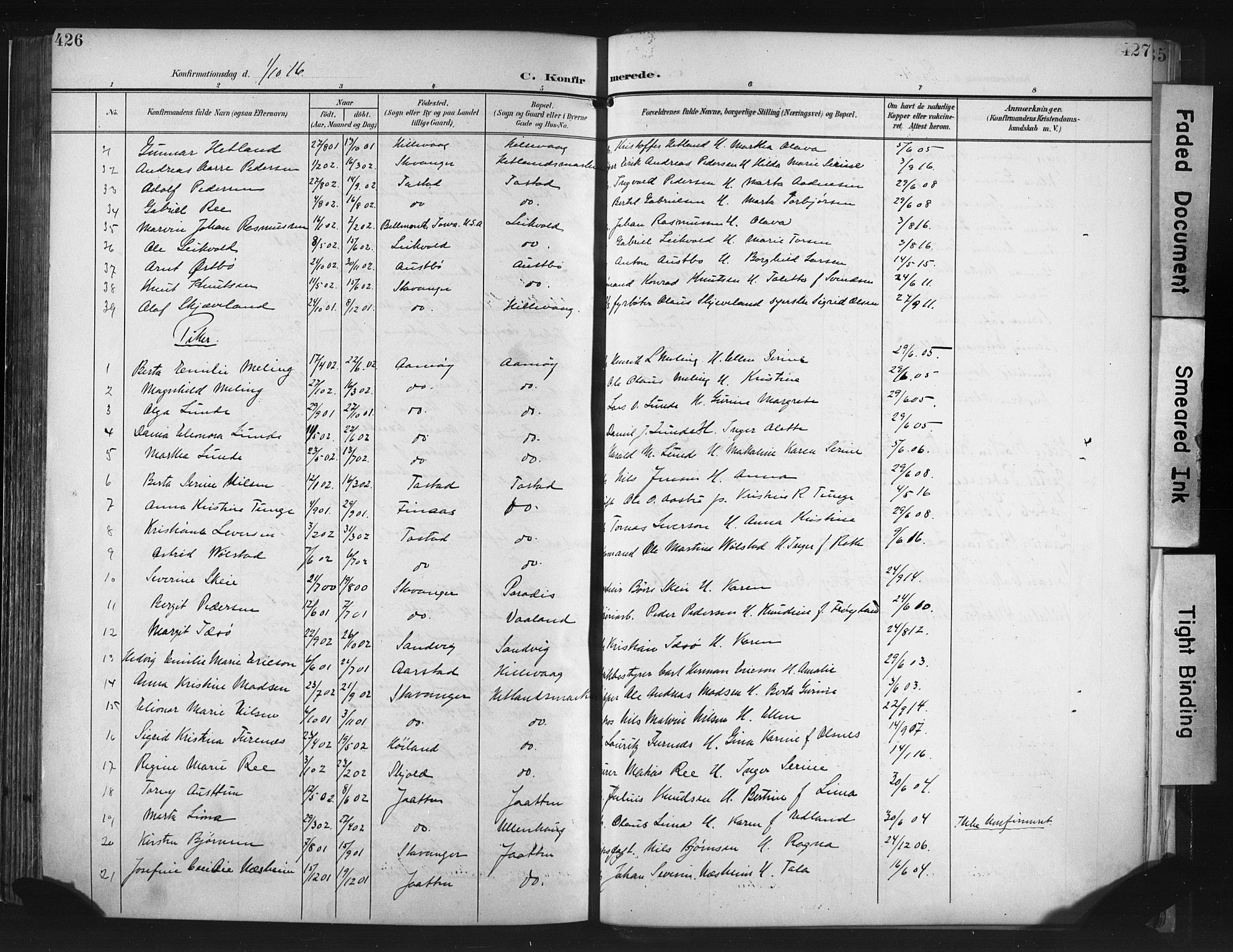Hetland sokneprestkontor, SAST/A-101826/30/30BA/L0013: Parish register (official) no. A 13, 1904-1918, p. 426-427
