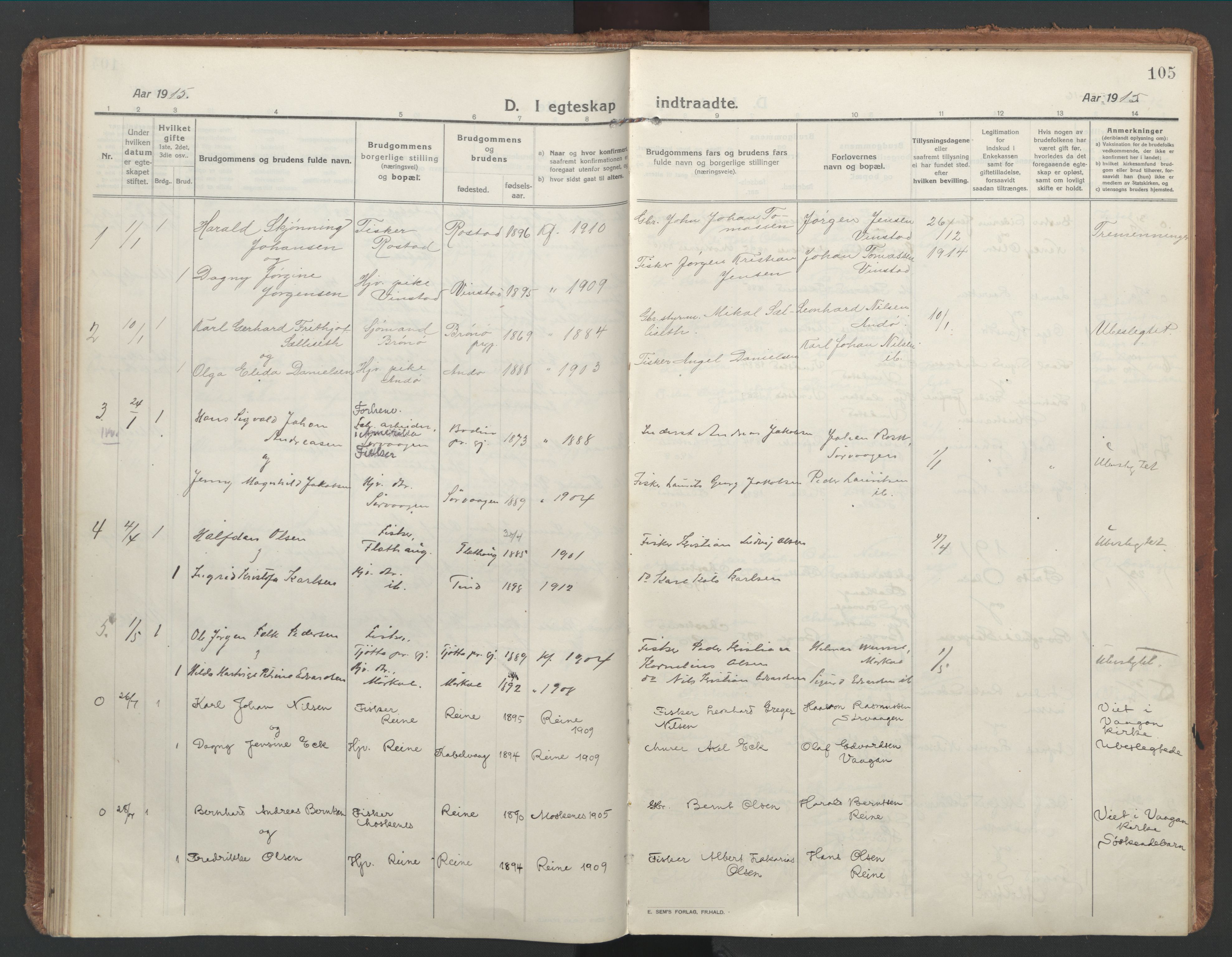 Ministerialprotokoller, klokkerbøker og fødselsregistre - Nordland, SAT/A-1459/886/L1222: Parish register (official) no. 886A04, 1914-1926, p. 105