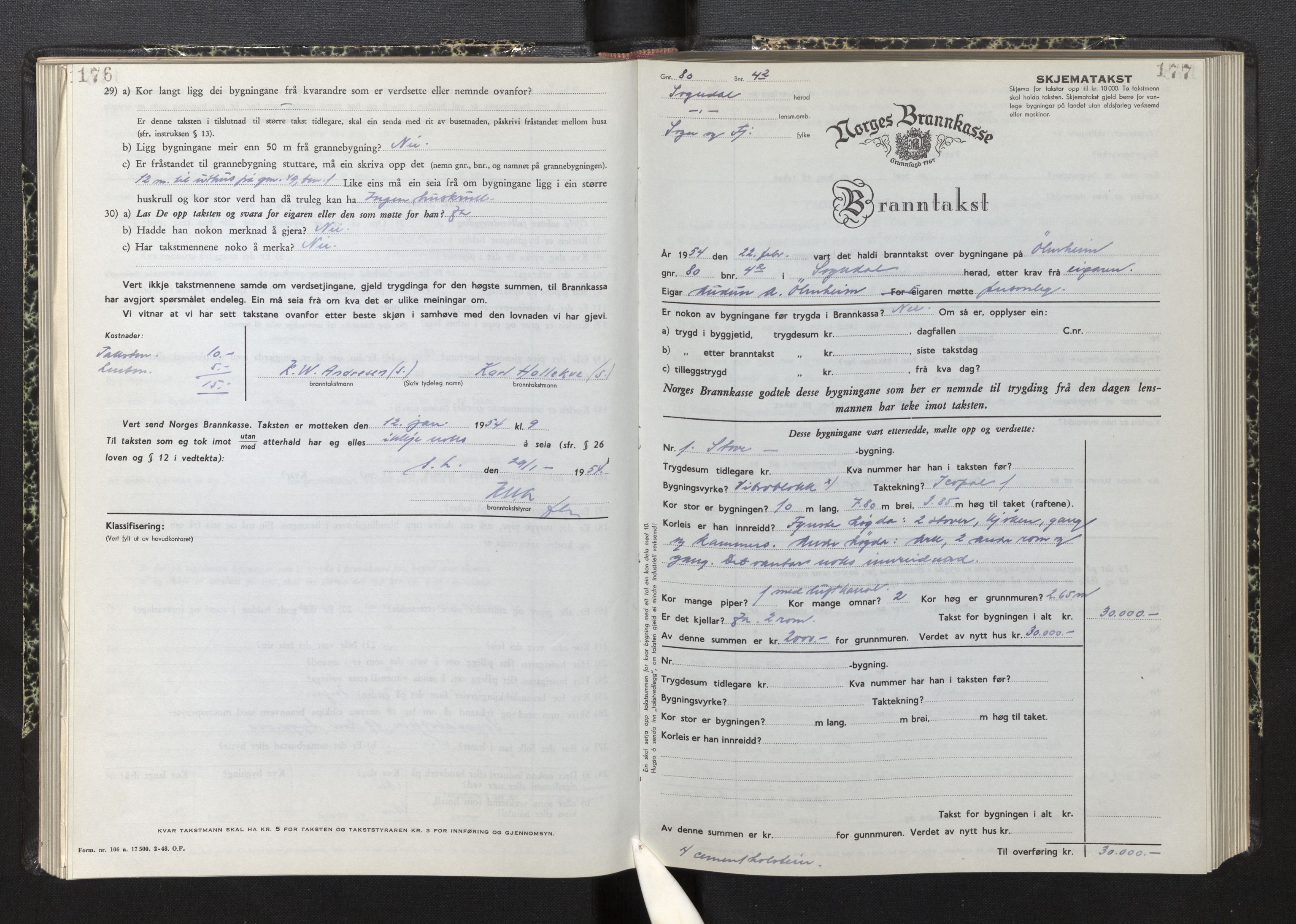 Lensmannen i Sogndal, AV/SAB-A-29901/0012/L0015: Branntakstprotokoll, skjematakst, 1950-1955, p. 176-177