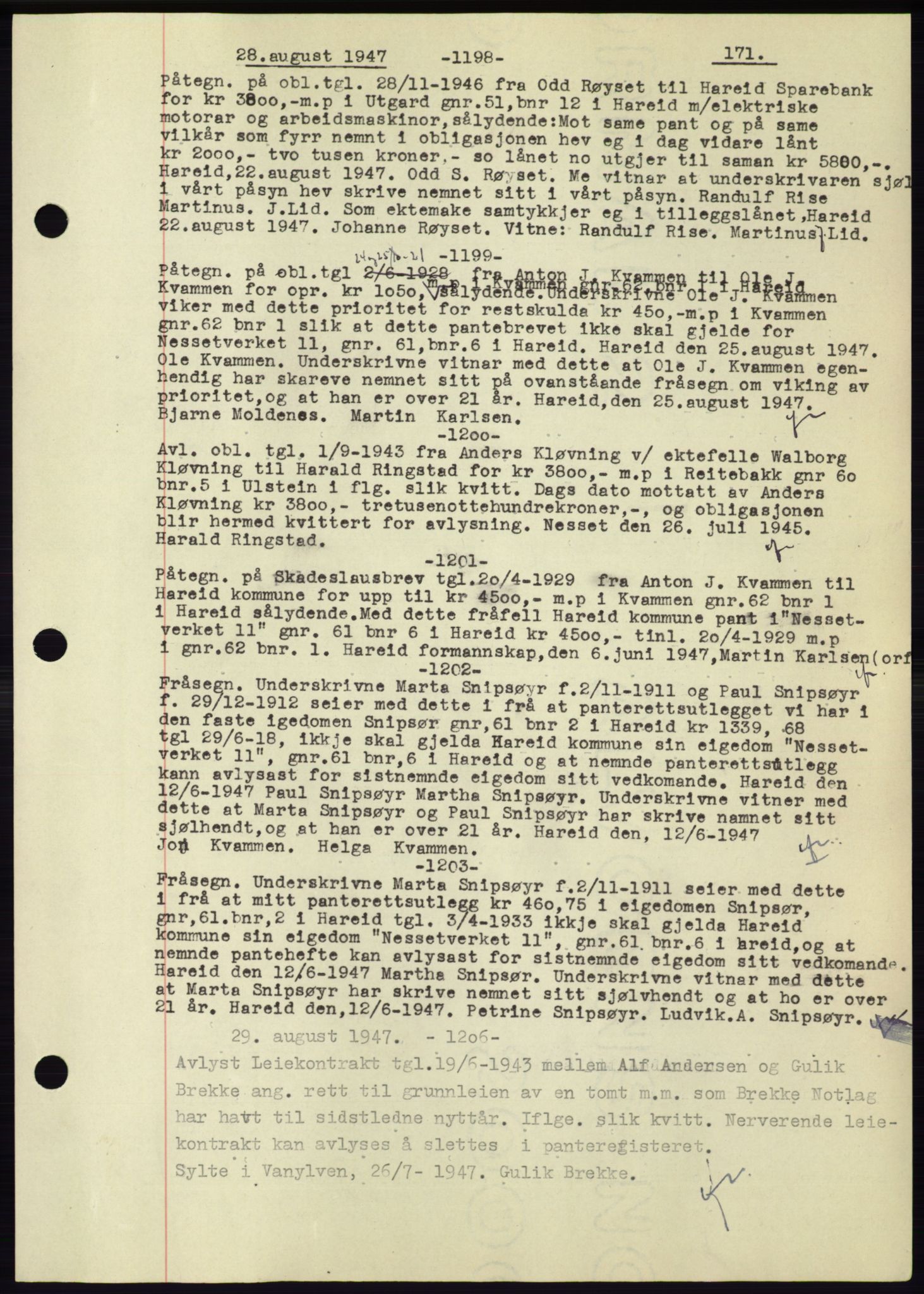 Søre Sunnmøre sorenskriveri, AV/SAT-A-4122/1/2/2C/L0072: Mortgage book no. 66, 1941-1955, Diary no: : 1198/1947