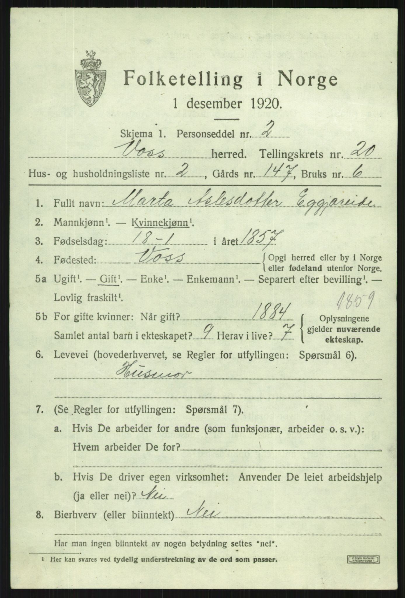 SAB, 1920 census for Voss, 1920, p. 14741