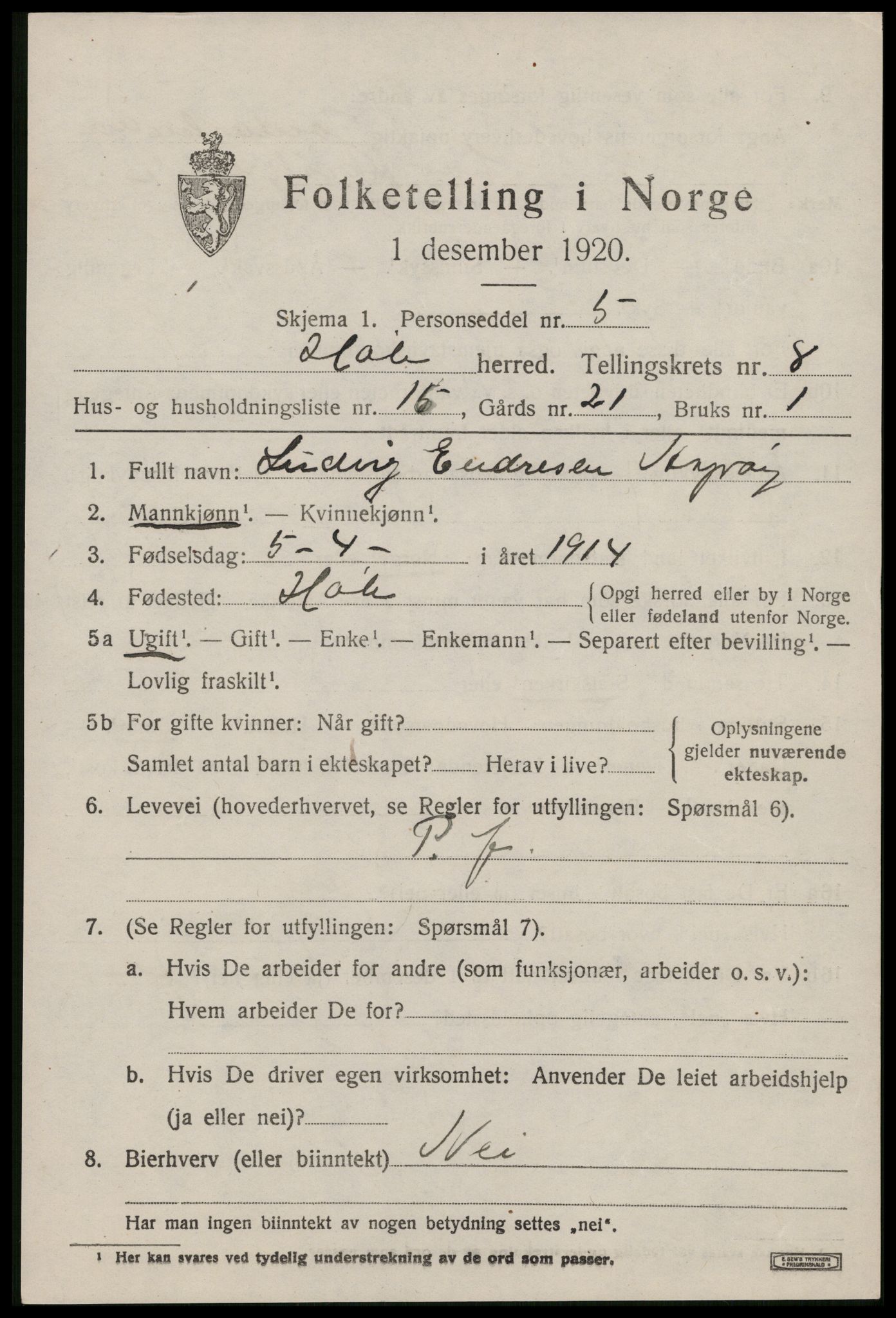 SAST, 1920 census for Høle, 1920, p. 2417