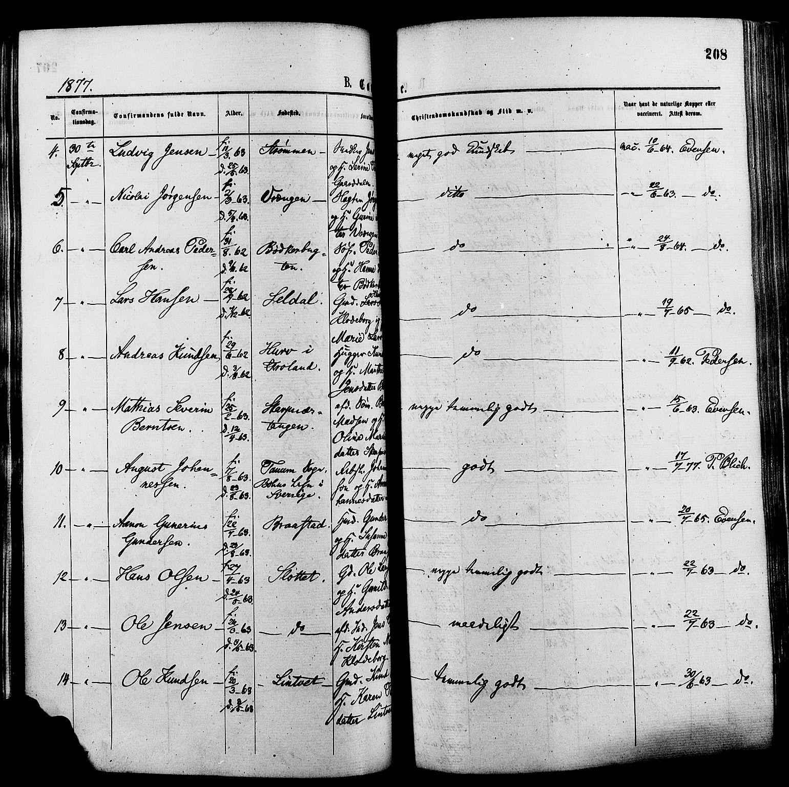 Øyestad sokneprestkontor, AV/SAK-1111-0049/F/Fa/L0016: Parish register (official) no. A 16, 1874-1886, p. 208