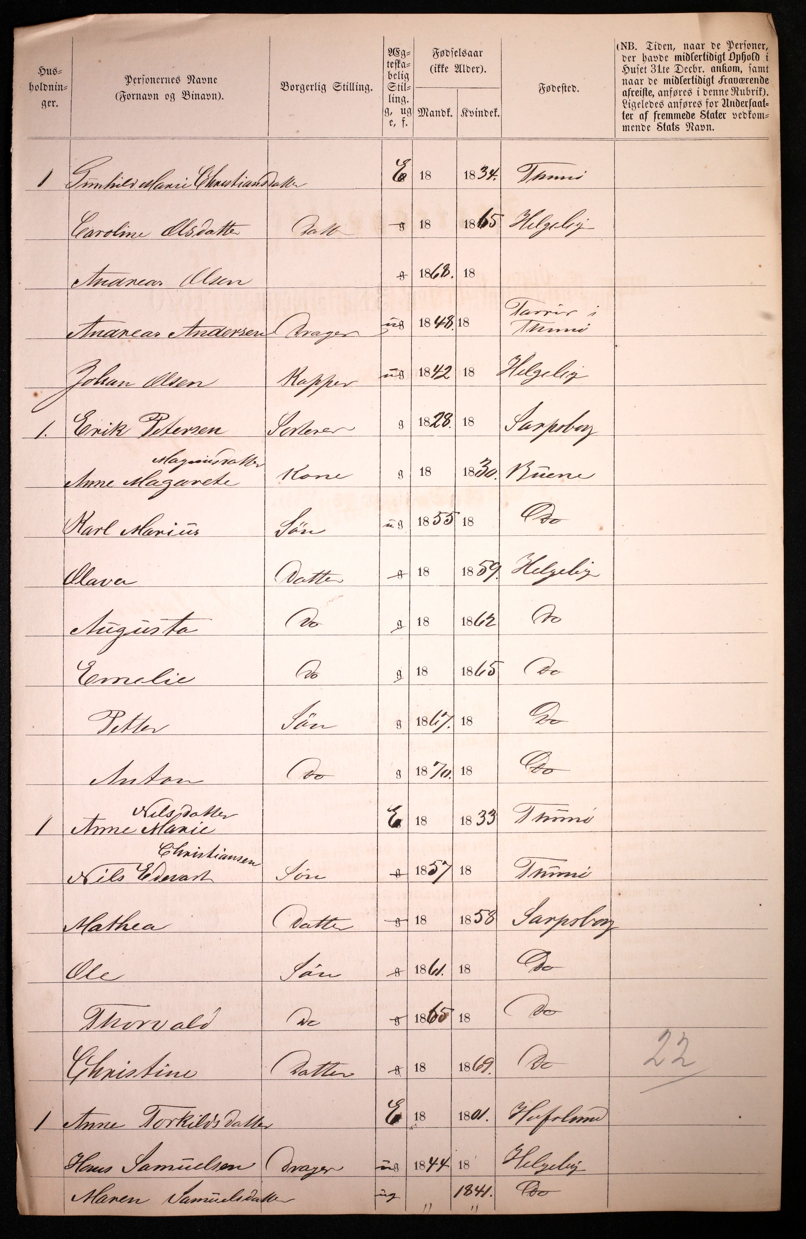 RA, 1870 census for 0102 Sarpsborg, 1870, p. 434