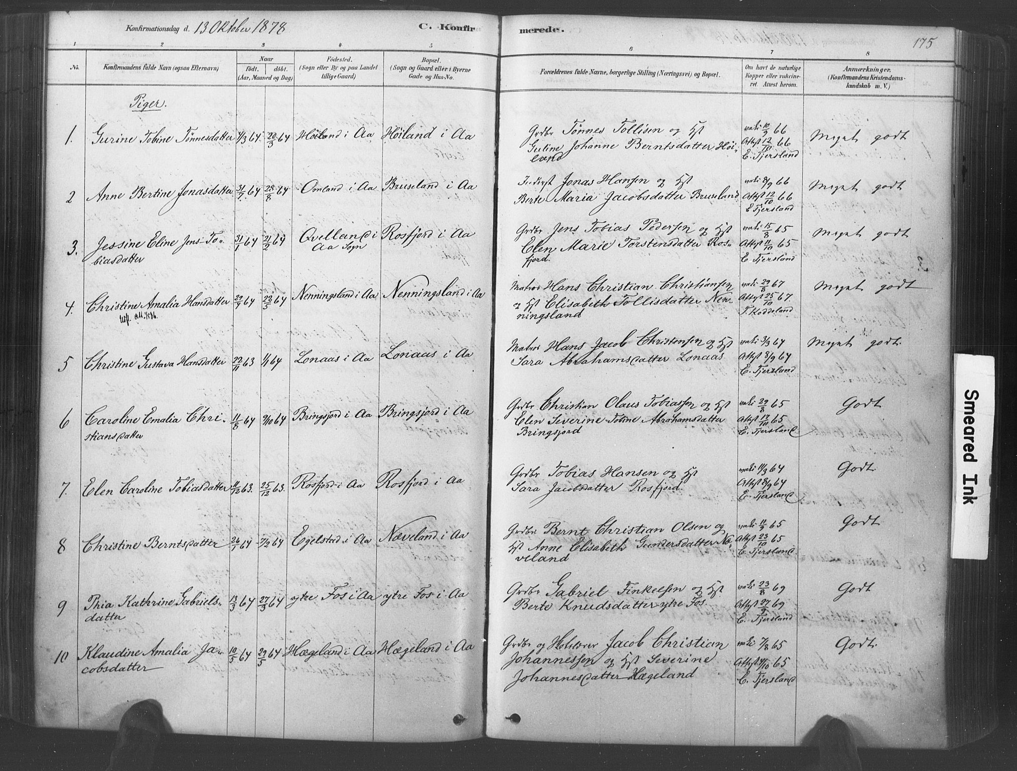 Lyngdal sokneprestkontor, AV/SAK-1111-0029/F/Fa/Fac/L0011: Parish register (official) no. A 11, 1878-1893, p. 175