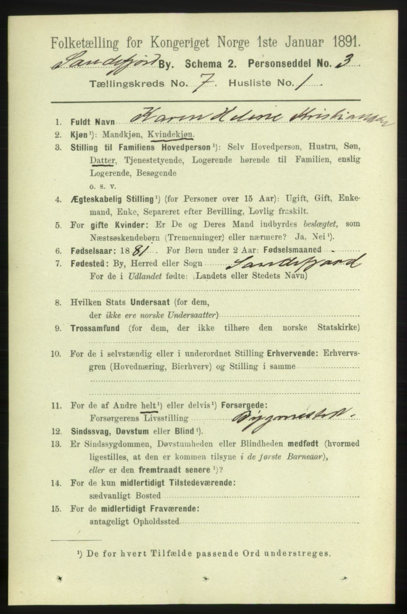 RA, 1891 census for 0706 Sandefjord, 1891, p. 2886