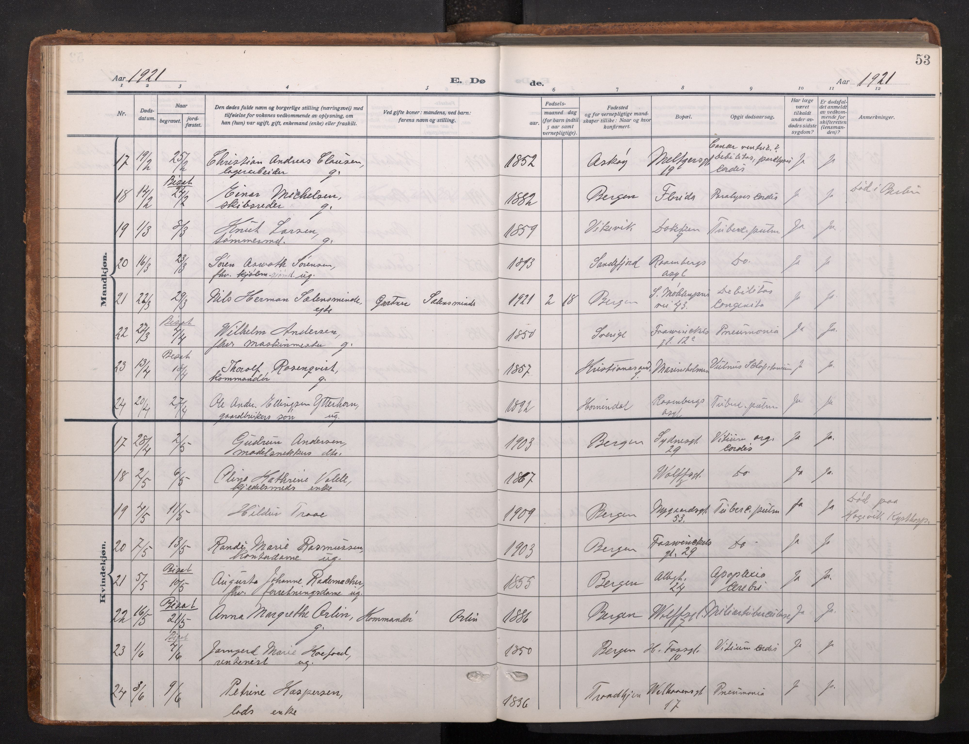 Johanneskirken sokneprestembete, AV/SAB-A-76001/H/Haa/L0020: Parish register (official) no. E 2, 1916-1951, p. 53