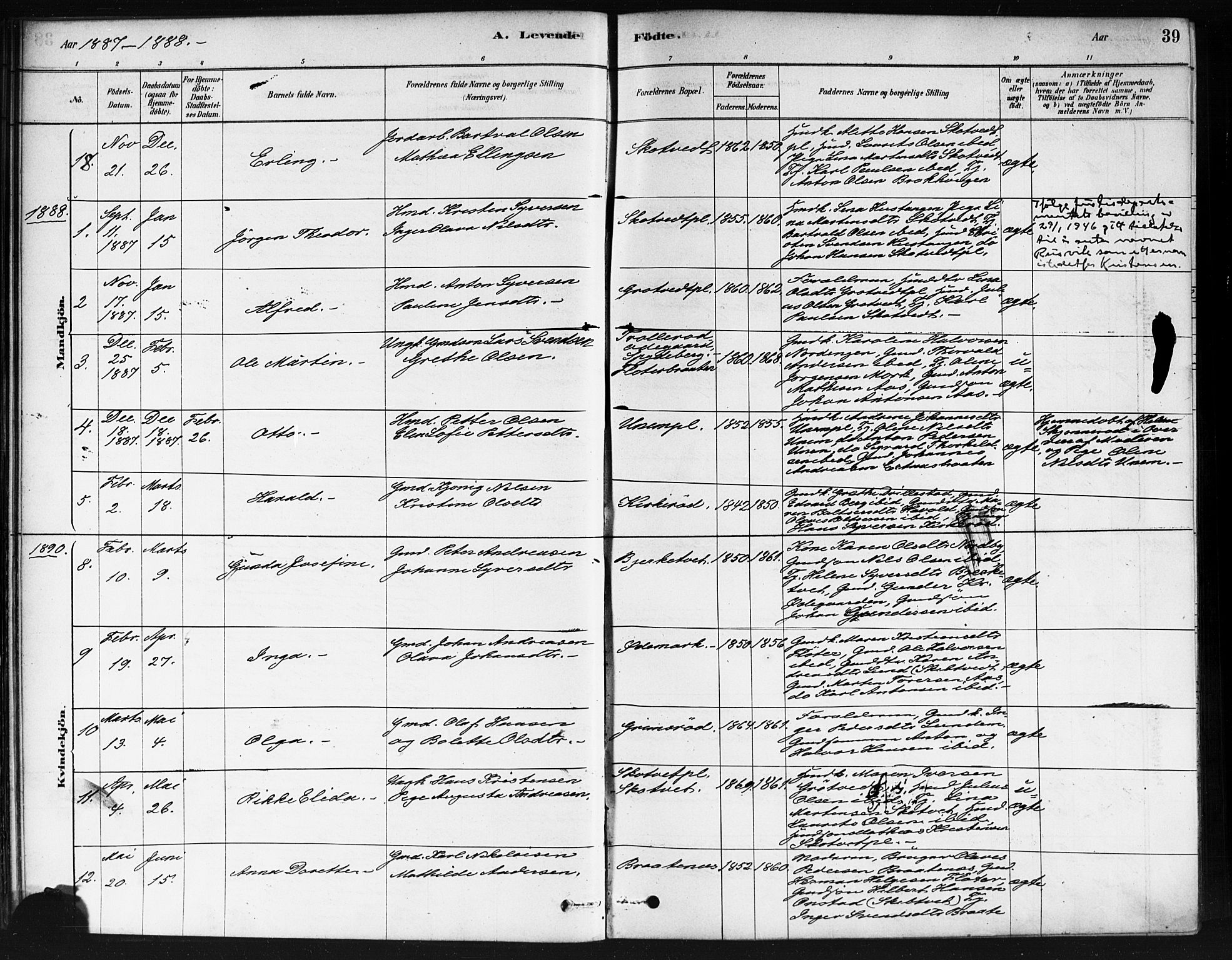 Våler prestekontor Kirkebøker, SAO/A-11083/F/Fb/L0001: Parish register (official) no. II 1, 1878-1896, p. 39