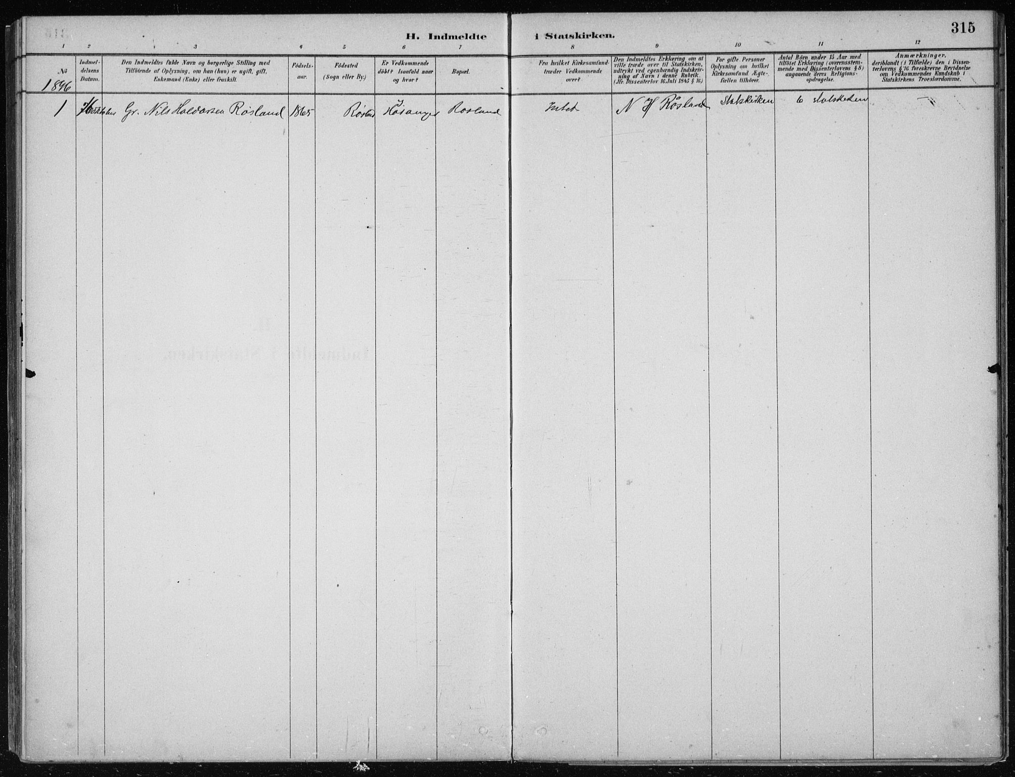 Hosanger sokneprestembete, AV/SAB-A-75801/H/Haa: Parish register (official) no. B  1, 1880-1896, p. 315