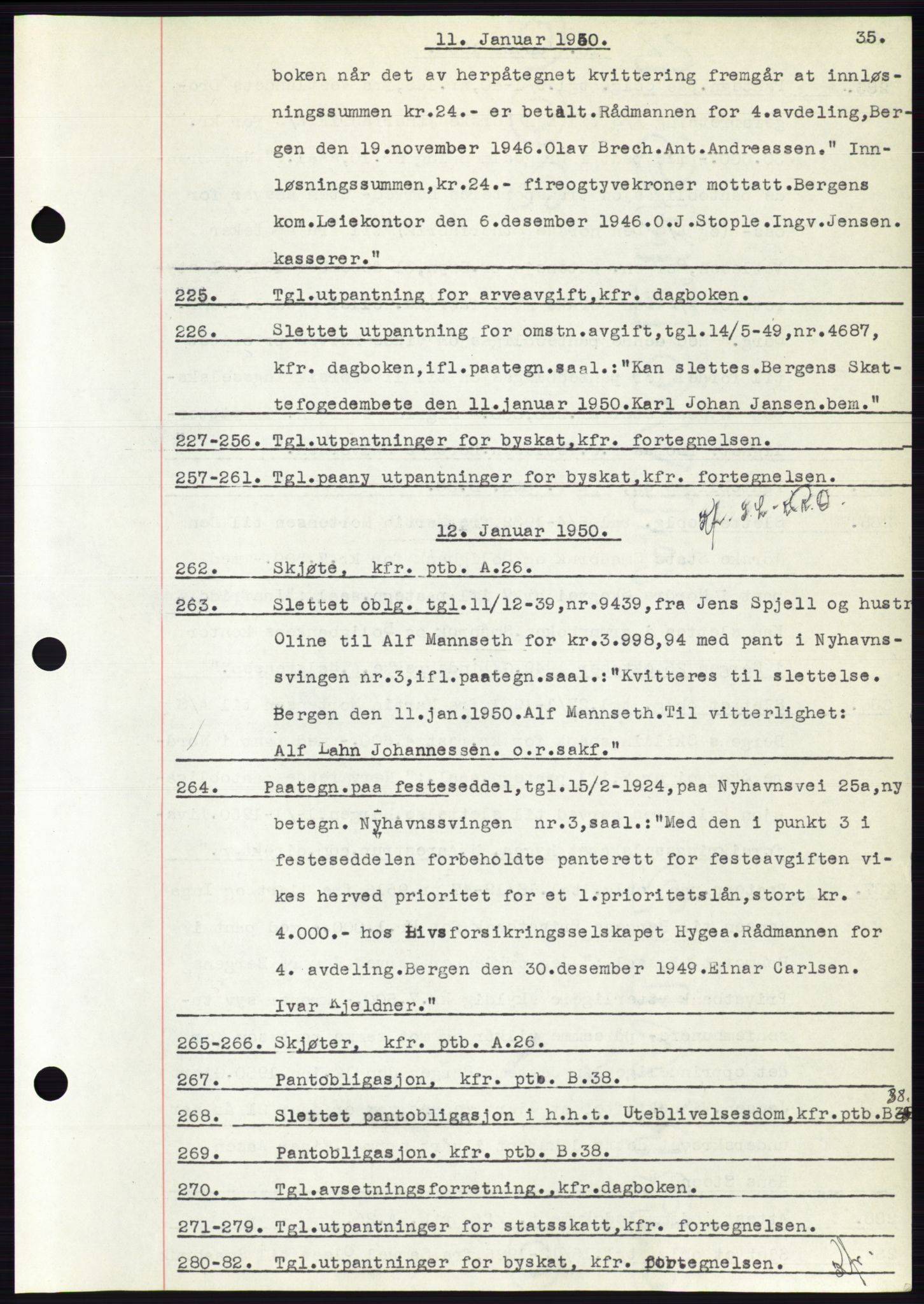 Byfogd og Byskriver i Bergen, AV/SAB-A-3401/03: Mortgage book no. C 38, 1949-1950, Diary no: : 225/1950