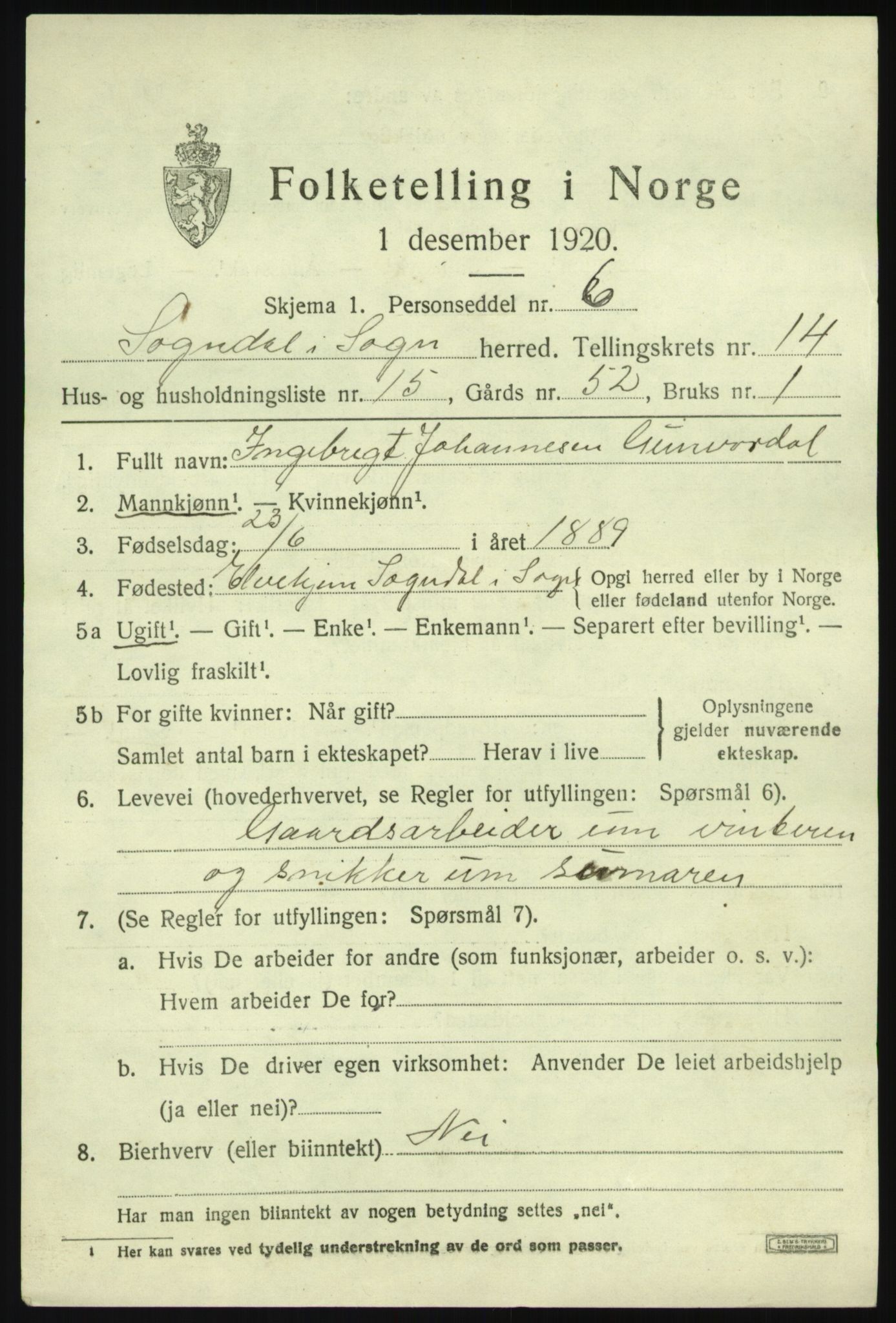 SAB, 1920 census for Sogndal, 1920, p. 5795