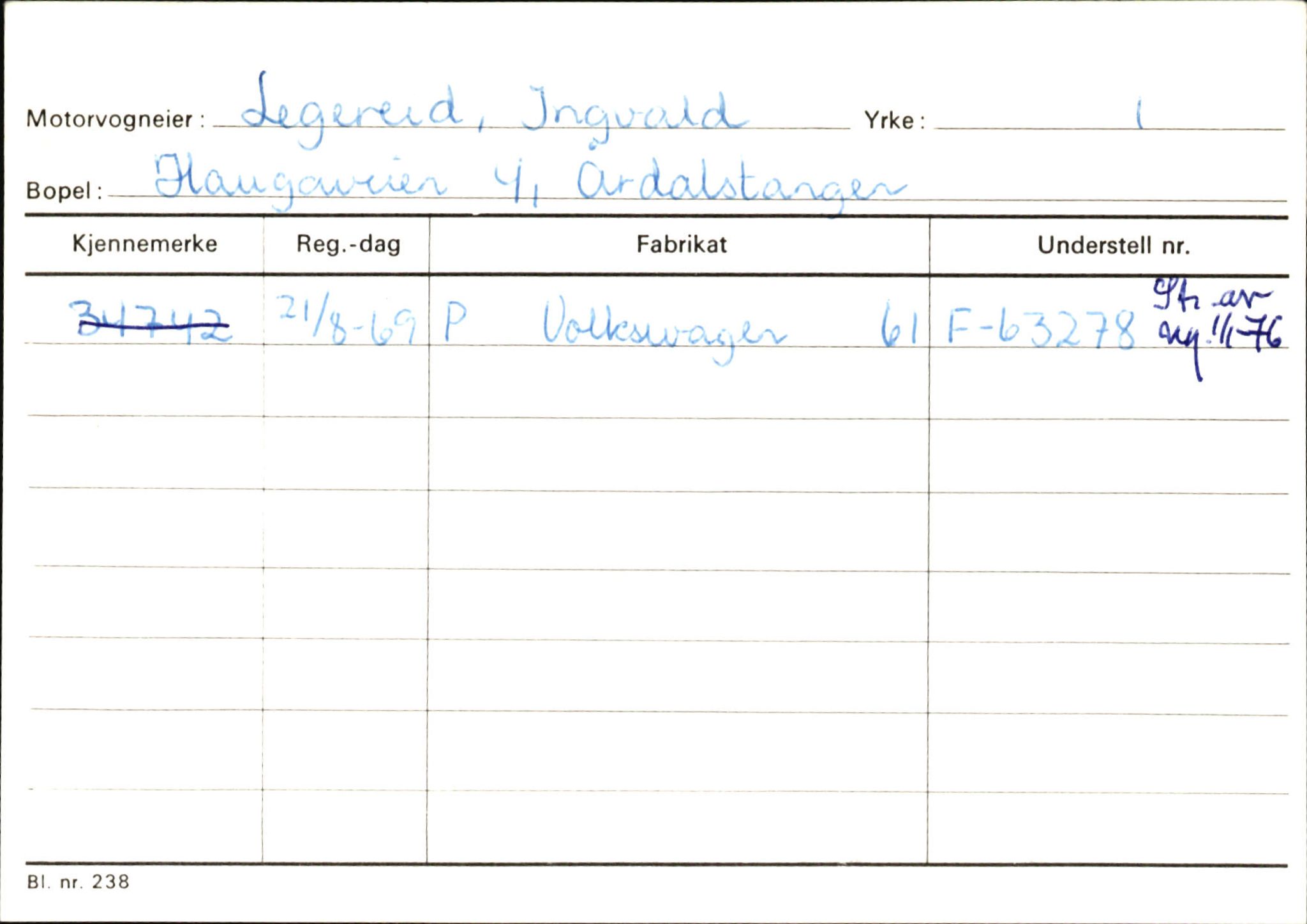 Statens vegvesen, Sogn og Fjordane vegkontor, AV/SAB-A-5301/4/F/L0145: Registerkort Vågsøy S-Å. Årdal I-P, 1945-1975, p. 1377