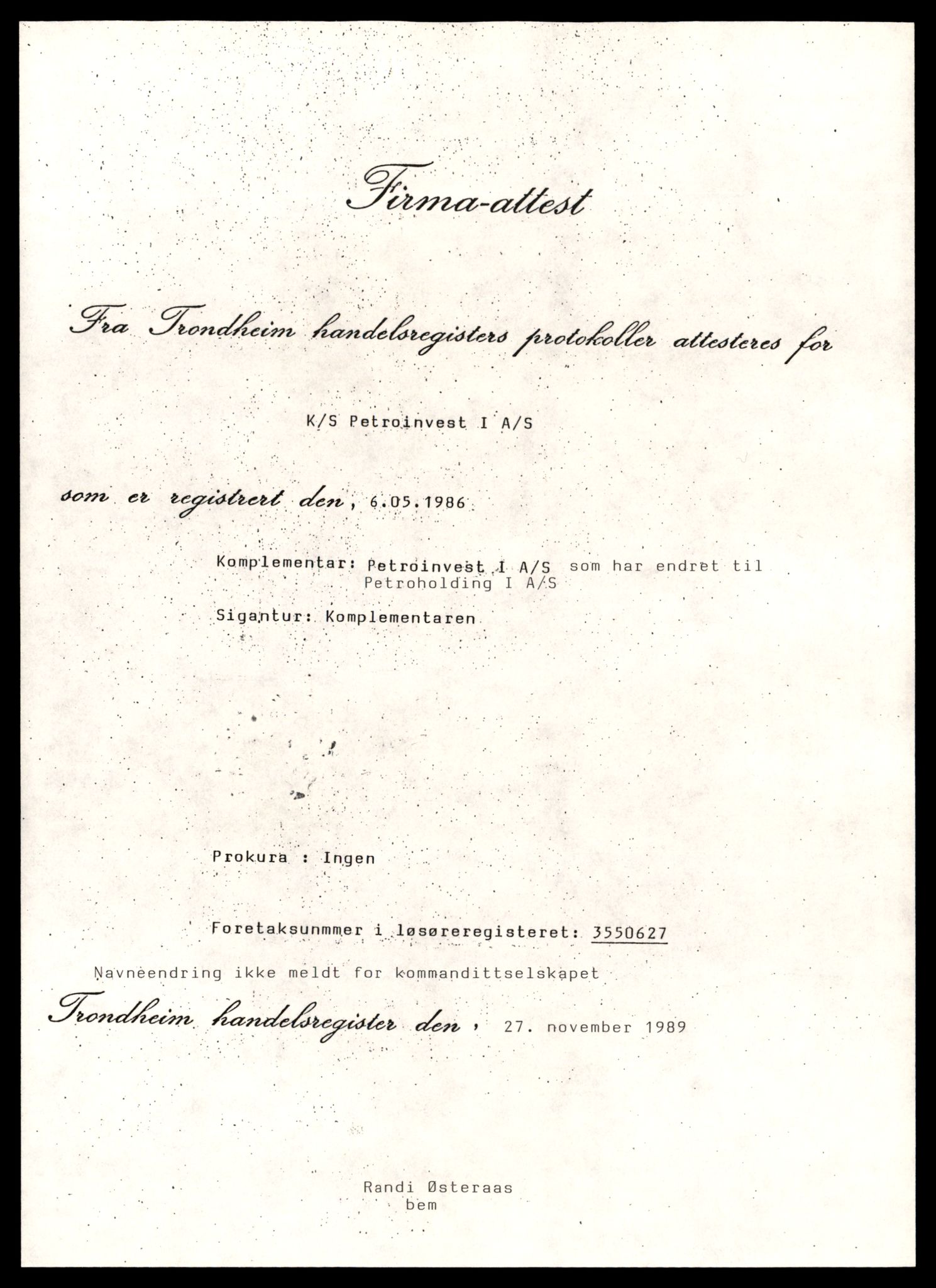 Trondheim byfogd, AV/SAT-A-0003/2/J/Jd/Jda/L0074: Bilag, enkeltmannsforetak, ansvarlige selskap og kommandittselskap, Ksp-L, 1944-1990, p. 5