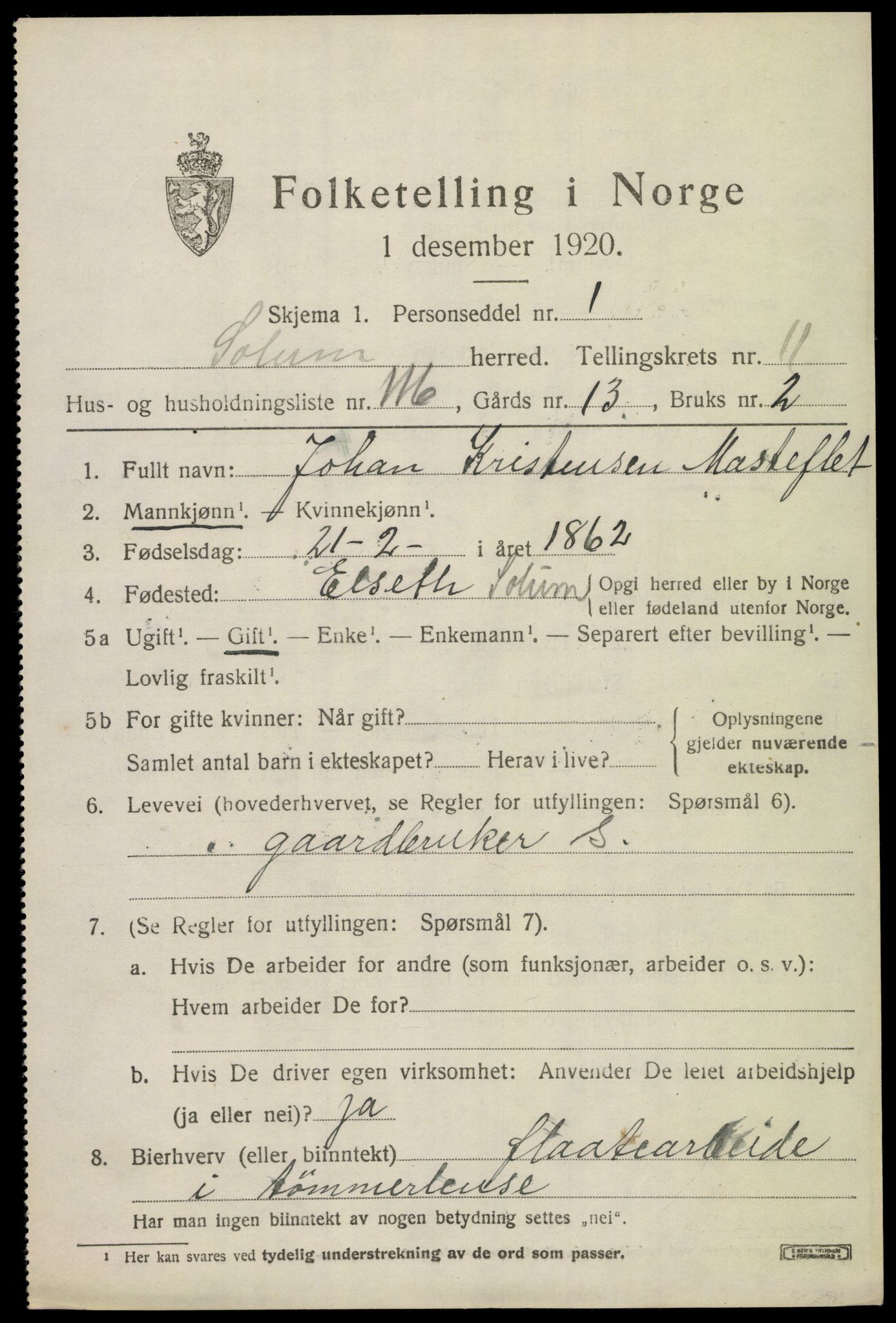 SAKO, 1920 census for Solum, 1920, p. 17018