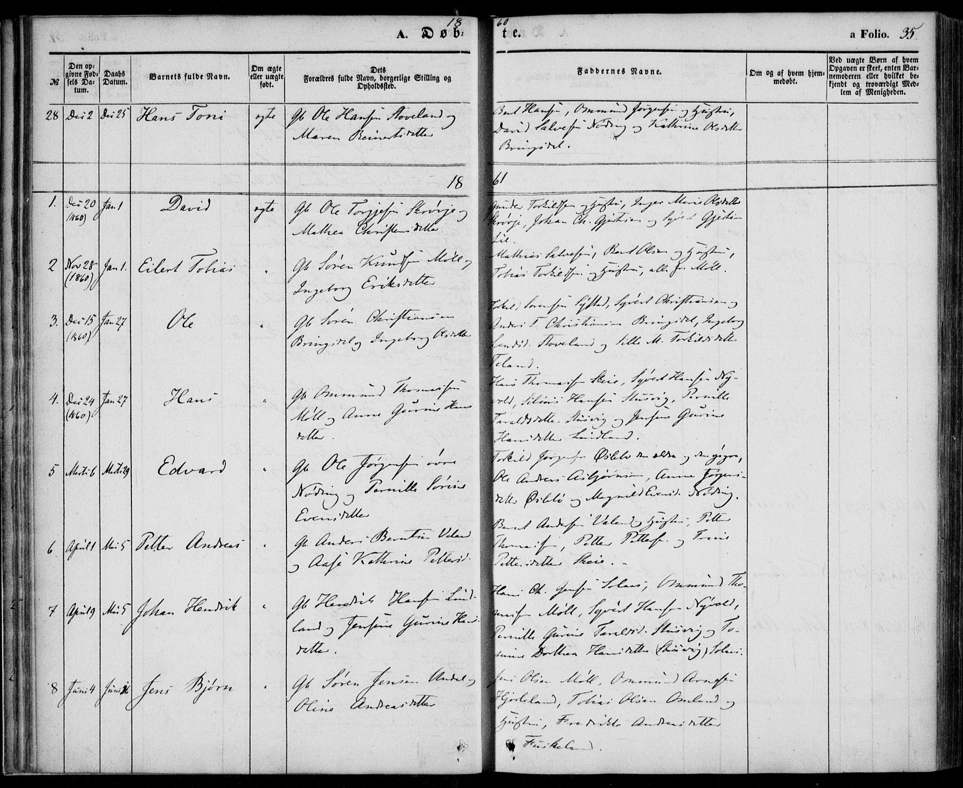 Holum sokneprestkontor, AV/SAK-1111-0022/F/Fa/Faa/L0005: Parish register (official) no. A 5, 1850-1864, p. 35