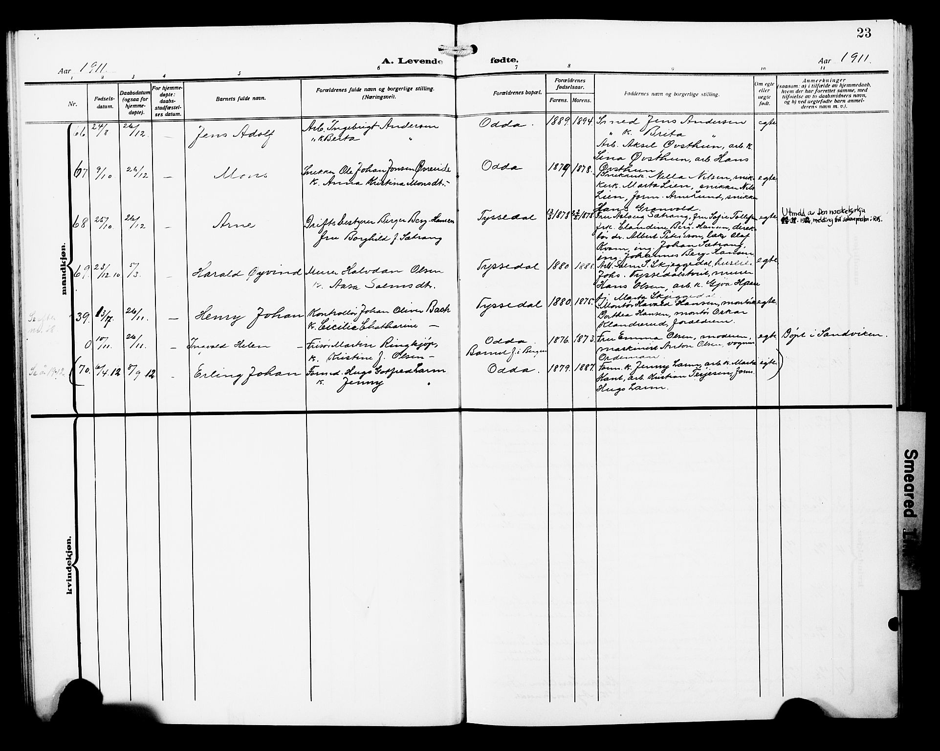 Odda Sokneprestembete, SAB/A-77201/H/Hab: Parish register (copy) no. A 8, 1910-1923, p. 23