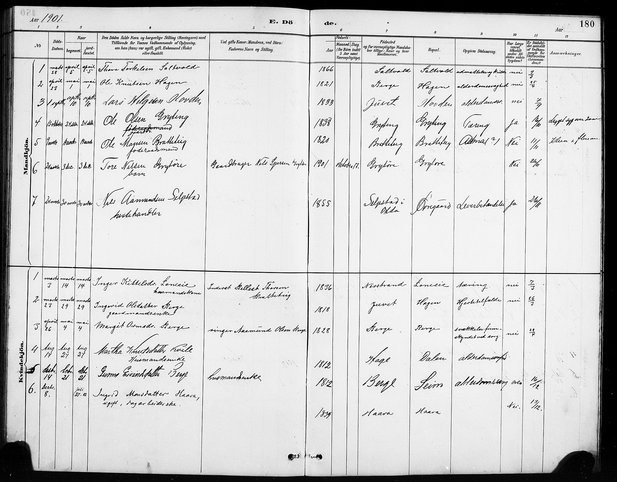 Røldal sokneprestembete, SAB/A-100247: Parish register (copy) no. A 3, 1887-1917, p. 180