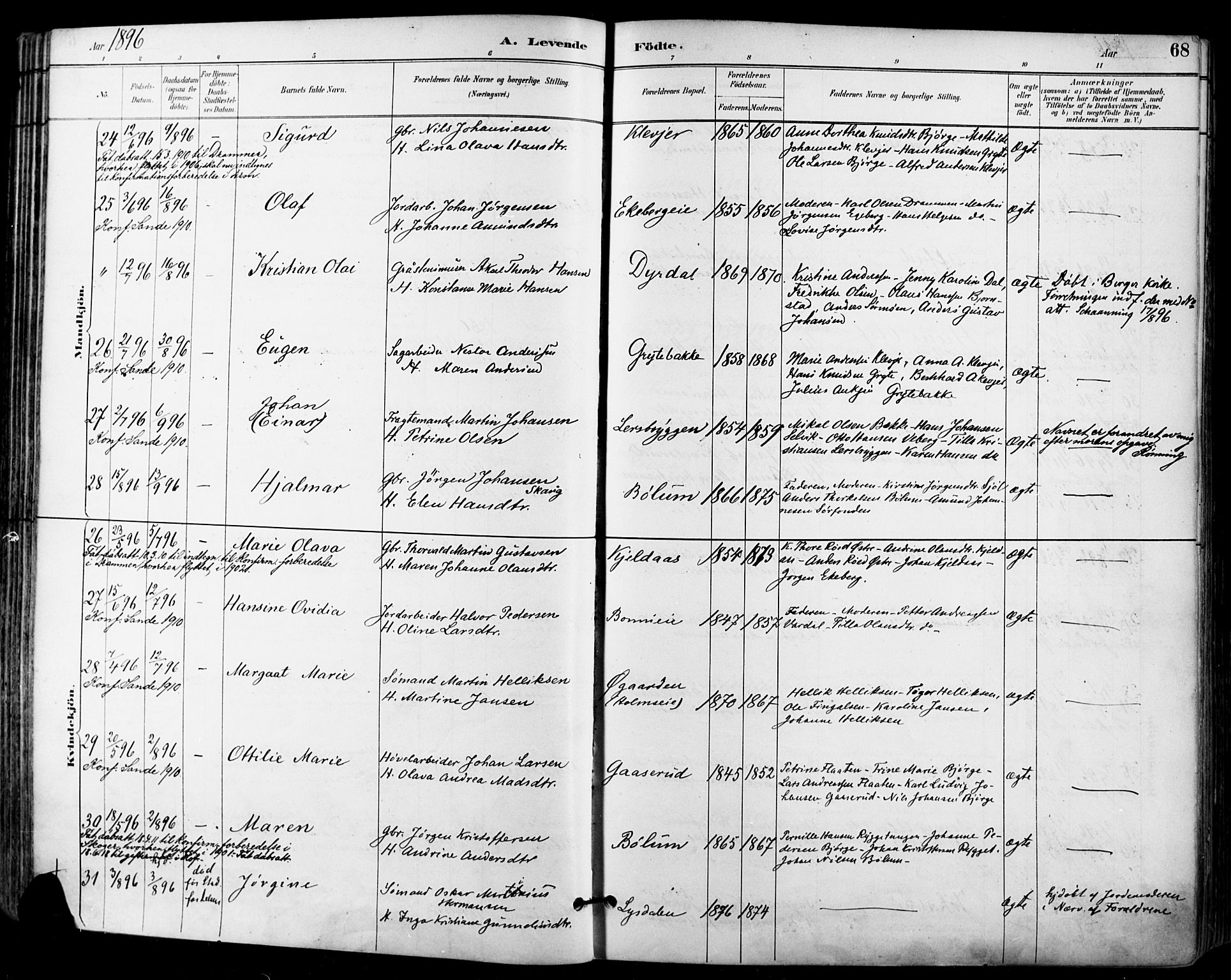 Sande Kirkebøker, AV/SAKO-A-53/F/Fa/L0007: Parish register (official) no. 7, 1888-1903, p. 68