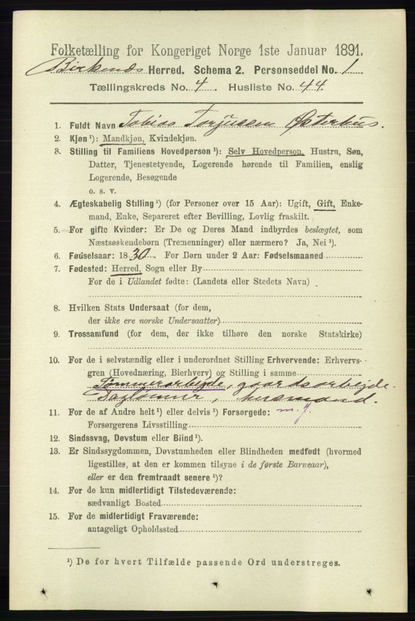 RA, 1891 Census for 0928 Birkenes, 1891, p. 1487