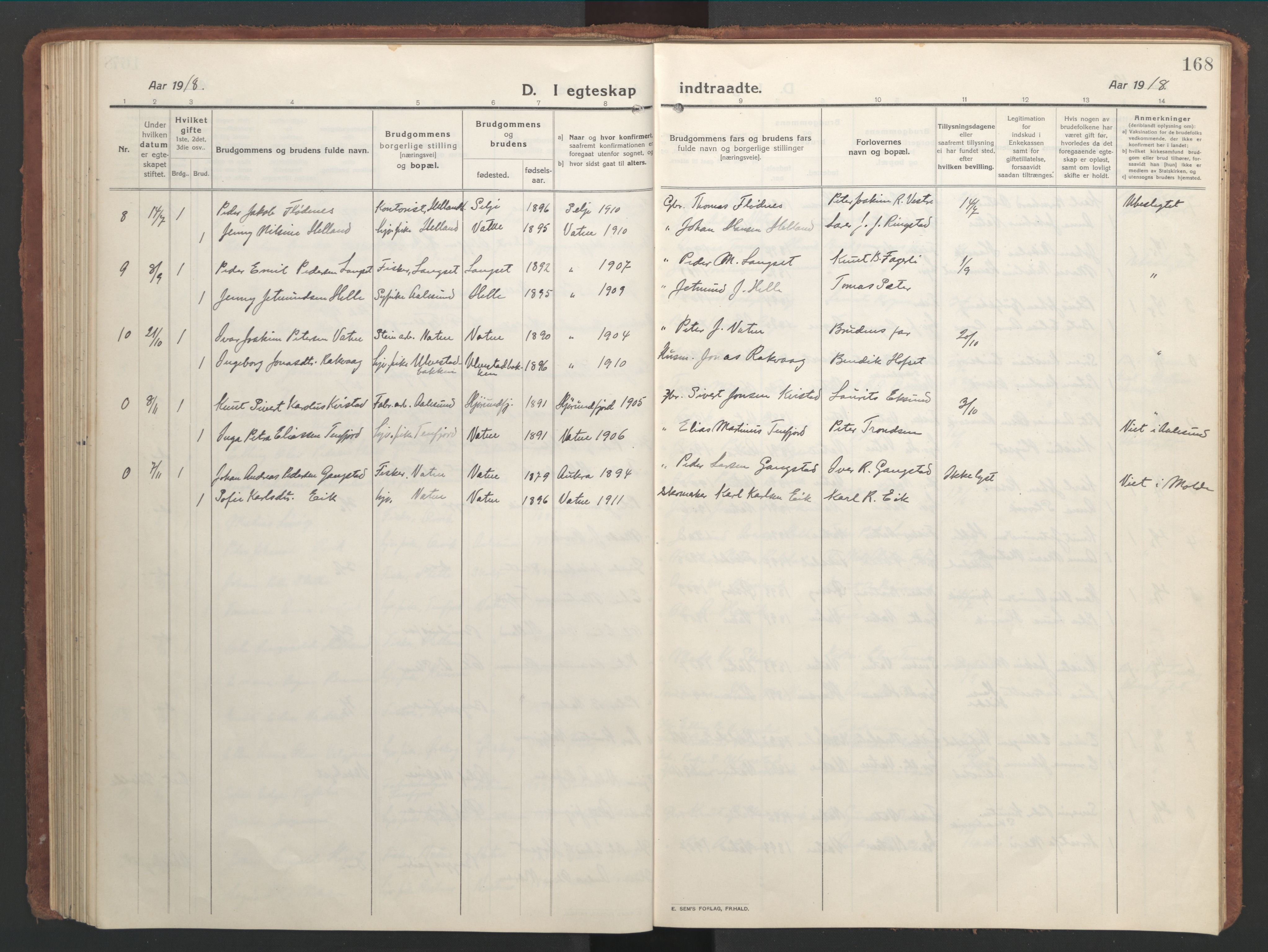 Ministerialprotokoller, klokkerbøker og fødselsregistre - Møre og Romsdal, SAT/A-1454/525/L0378: Parish register (copy) no. 525C04, 1915-1947, p. 168