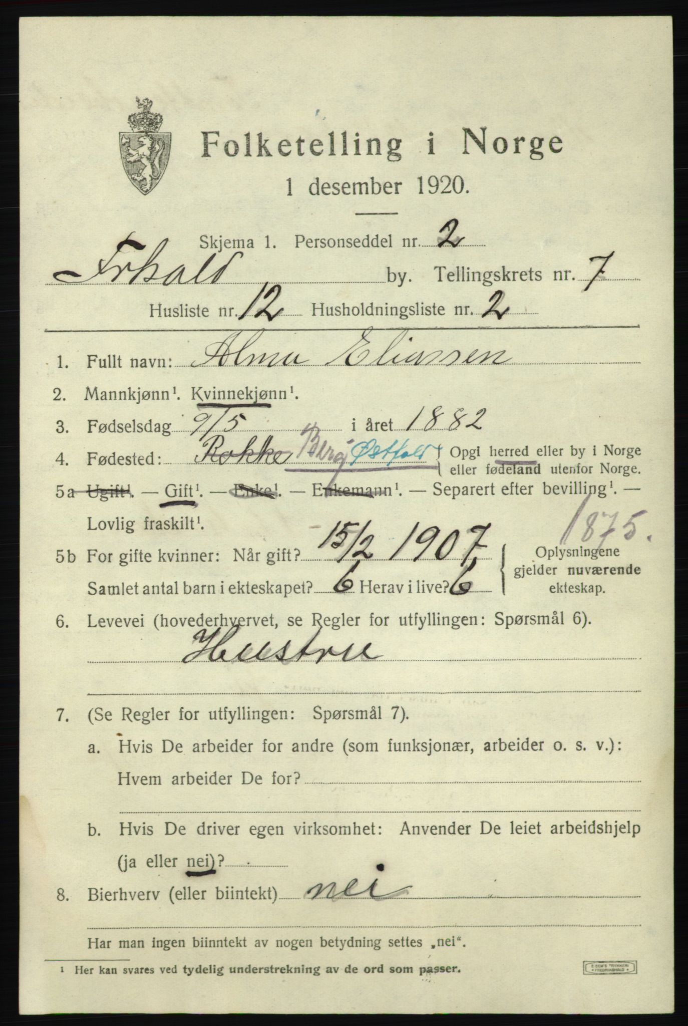 SAO, 1920 census for Fredrikshald, 1920, p. 14038
