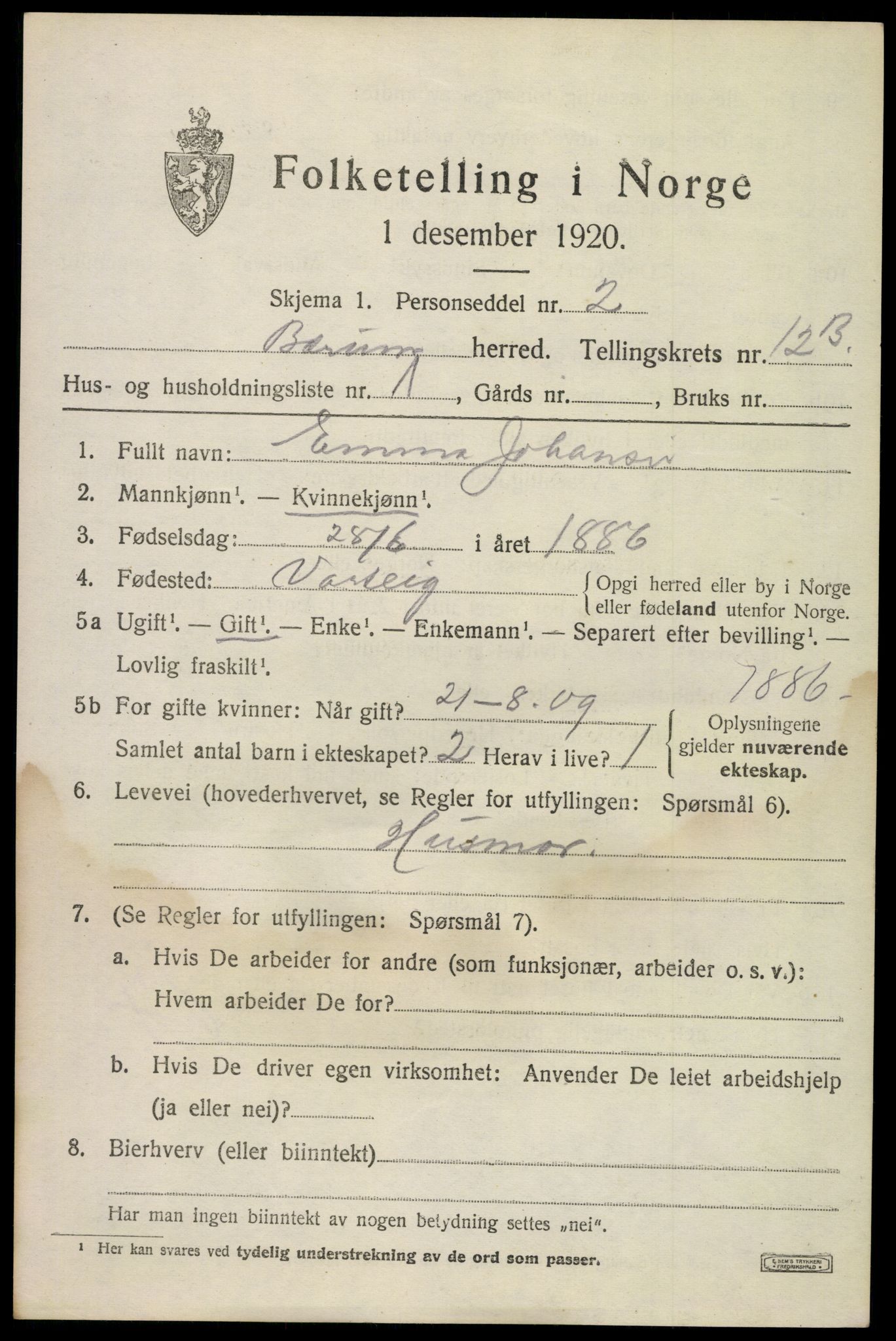 SAO, 1920 census for Bærum, 1920, p. 27346