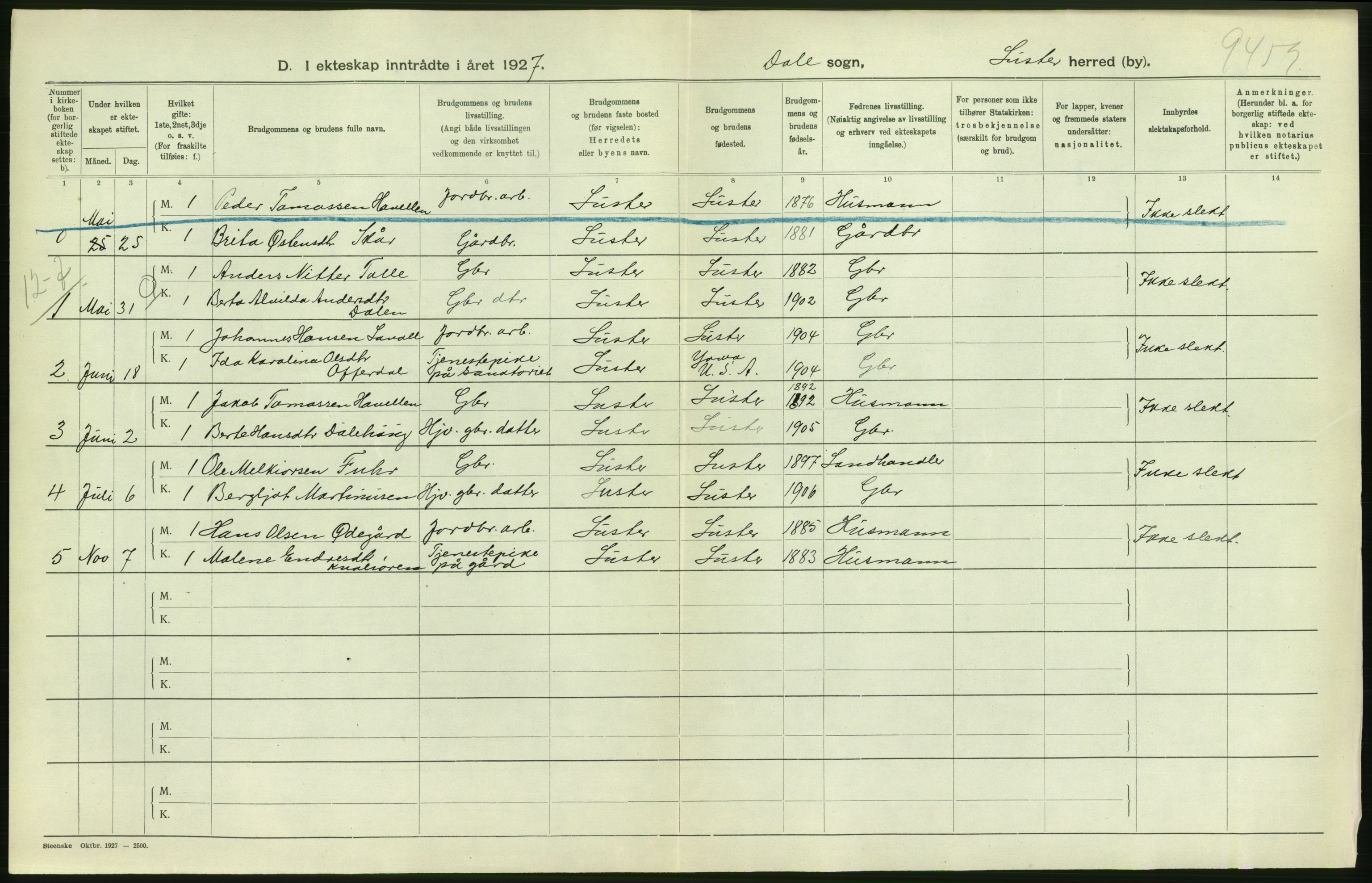 Statistisk sentralbyrå, Sosiodemografiske emner, Befolkning, AV/RA-S-2228/D/Df/Dfc/Dfcg/L0030: Sogn og Fjordane fylke: Gifte, døde. Bygder., 1927, p. 6