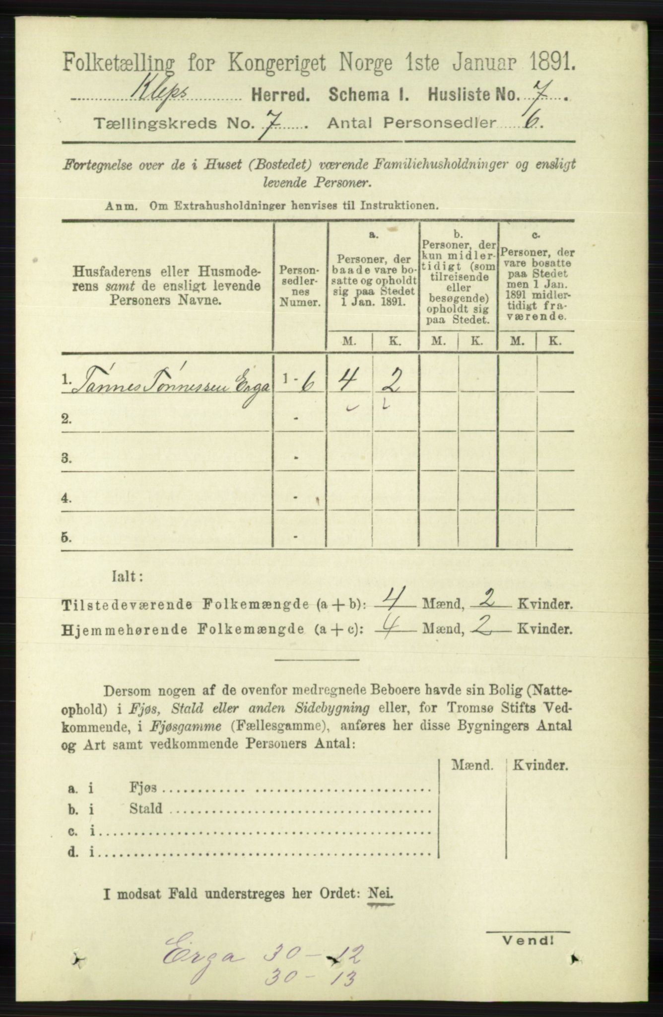 RA, 1891 census for 1120 Klepp, 1891, p. 2062