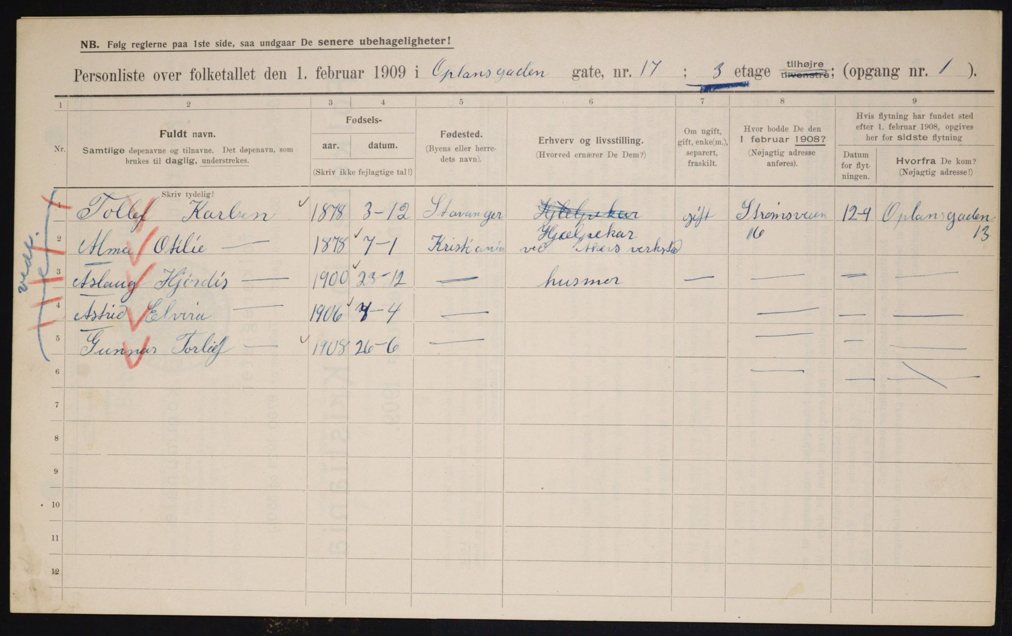 OBA, Municipal Census 1909 for Kristiania, 1909, p. 68694