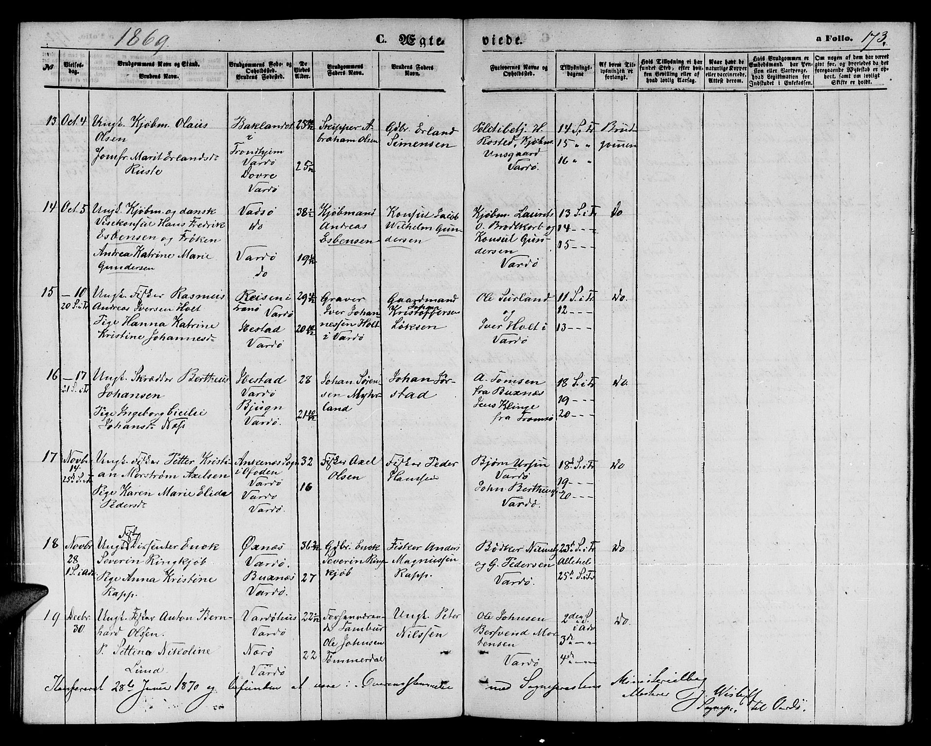 Vardø sokneprestkontor, AV/SATØ-S-1332/H/Hb/L0002klokker: Parish register (copy) no. 2, 1861-1870, p. 173