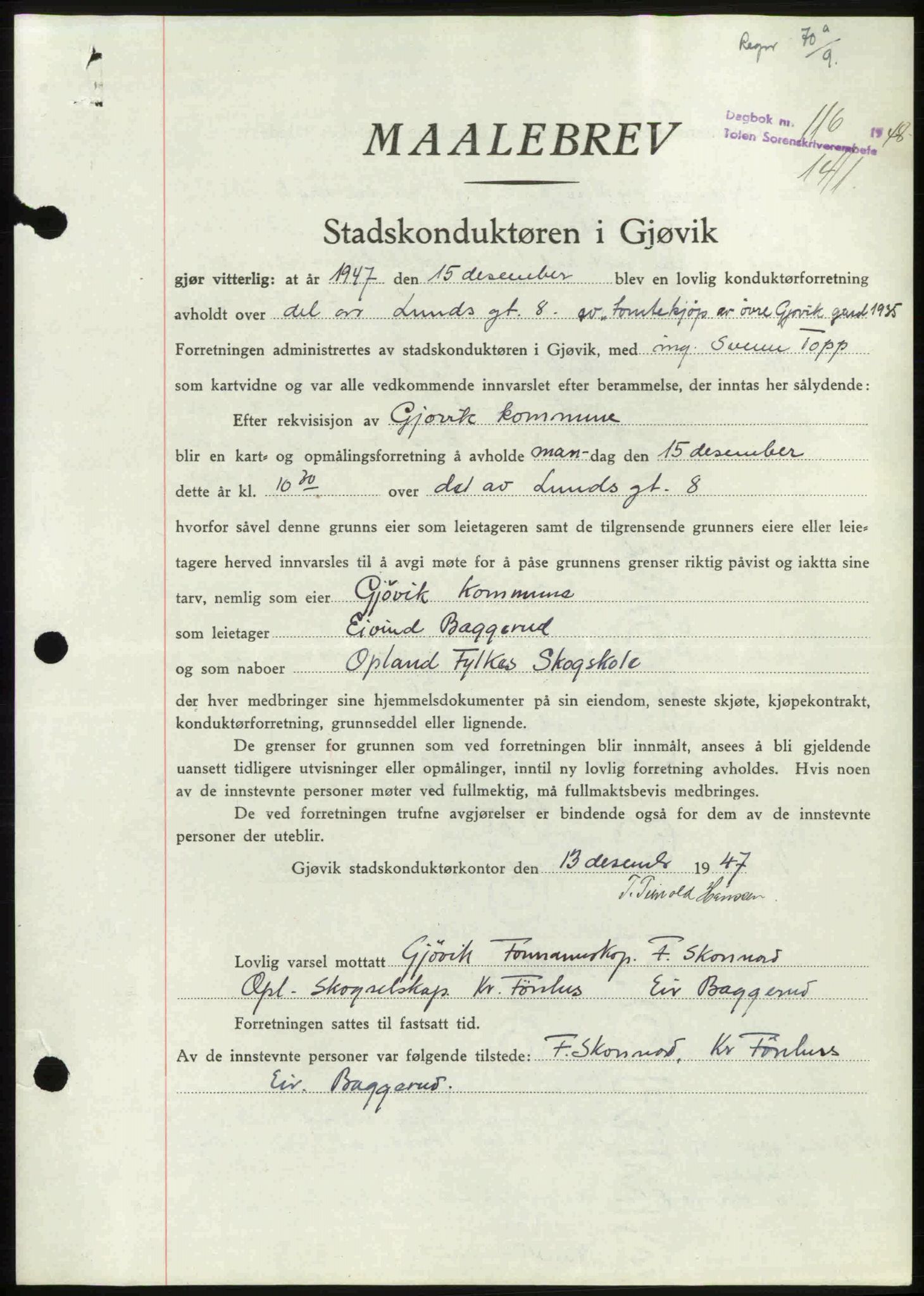 Toten tingrett, AV/SAH-TING-006/H/Hb/Hbc/L0019: Mortgage book no. Hbc-19, 1947-1948, Diary no: : 116/1948