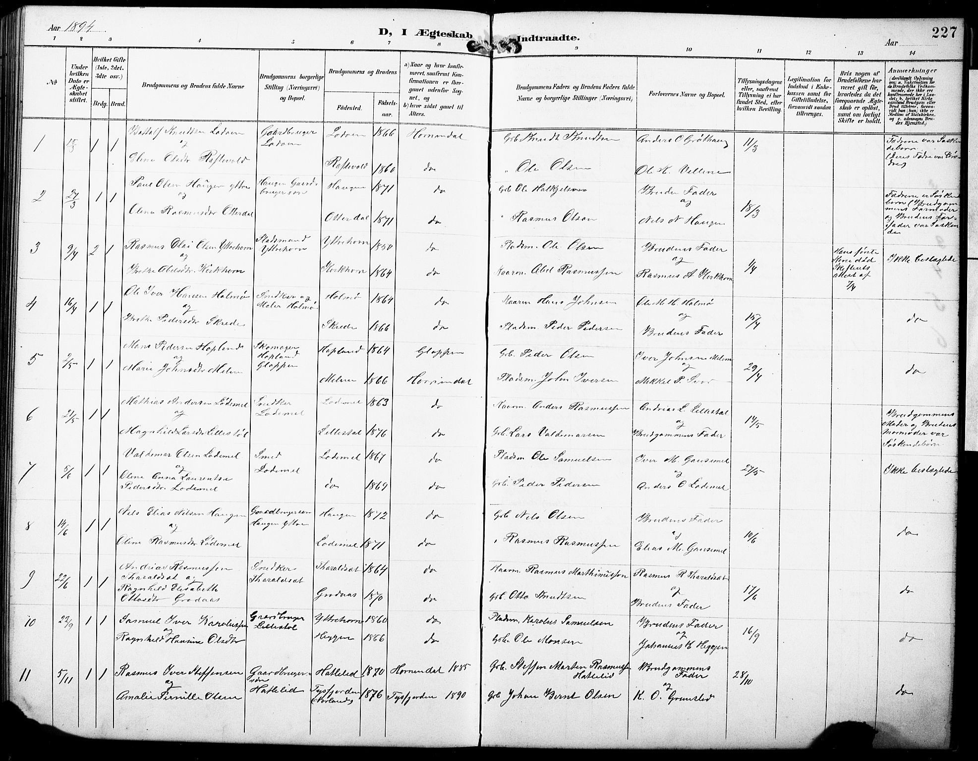 Hornindal sokneprestembete, SAB/A-82401/H/Hab: Parish register (copy) no. A 2, 1894-1927, p. 227