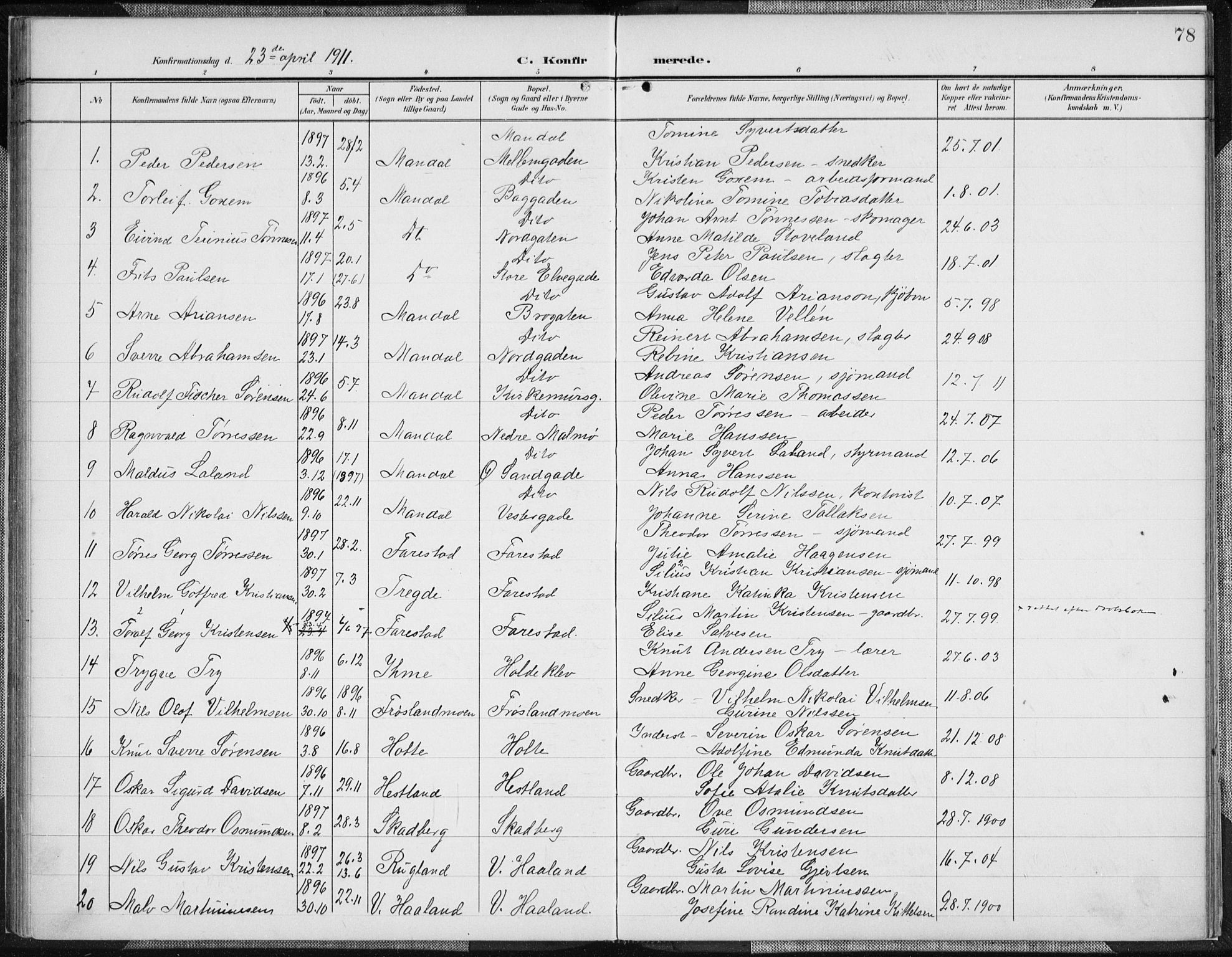 Mandal sokneprestkontor, SAK/1111-0030/F/Fa/Faa/L0019: Parish register (official) no. A 19, 1902-1912, p. 78