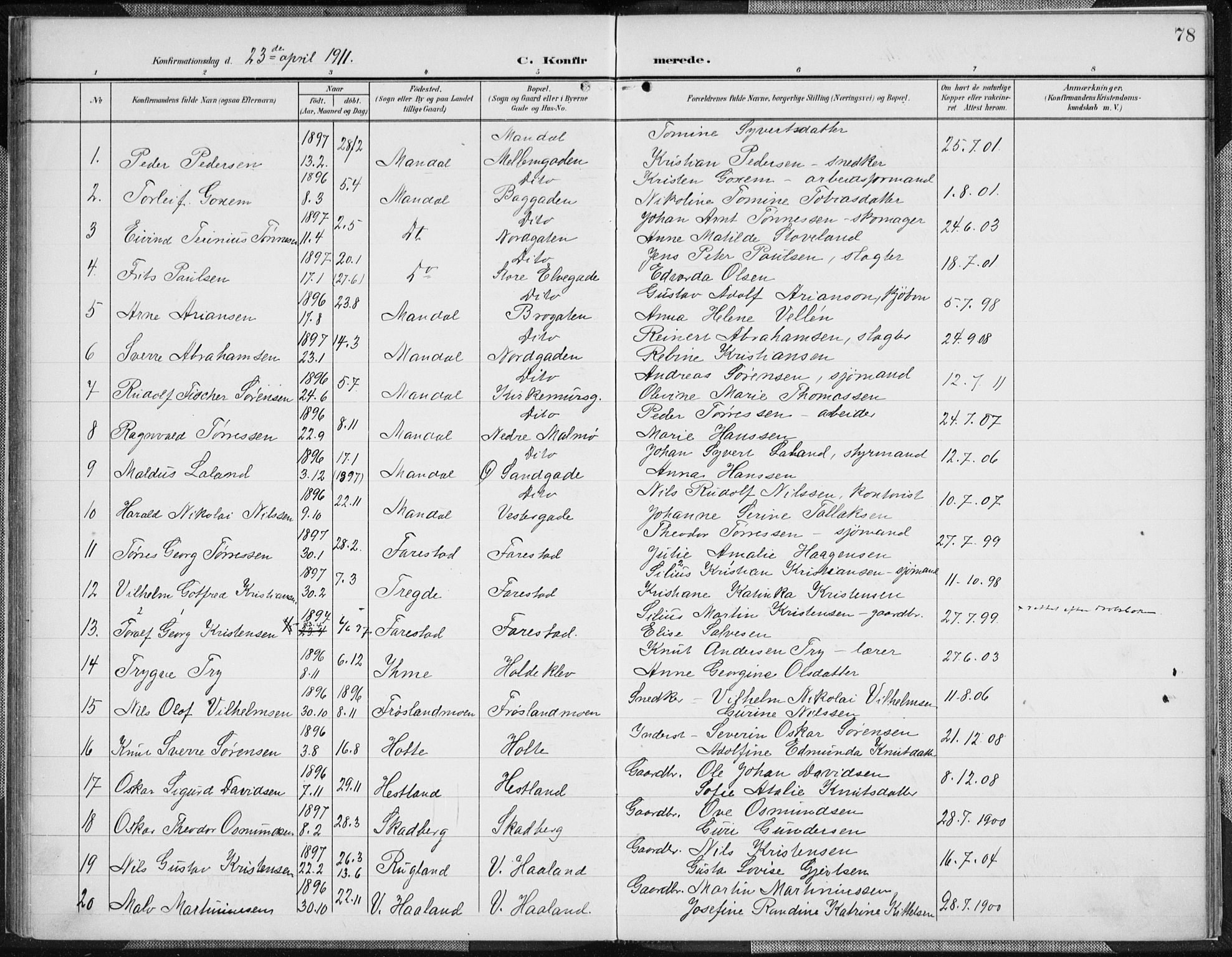 Mandal sokneprestkontor, AV/SAK-1111-0030/F/Fa/Faa/L0019: Parish register (official) no. A 19, 1902-1912, p. 78