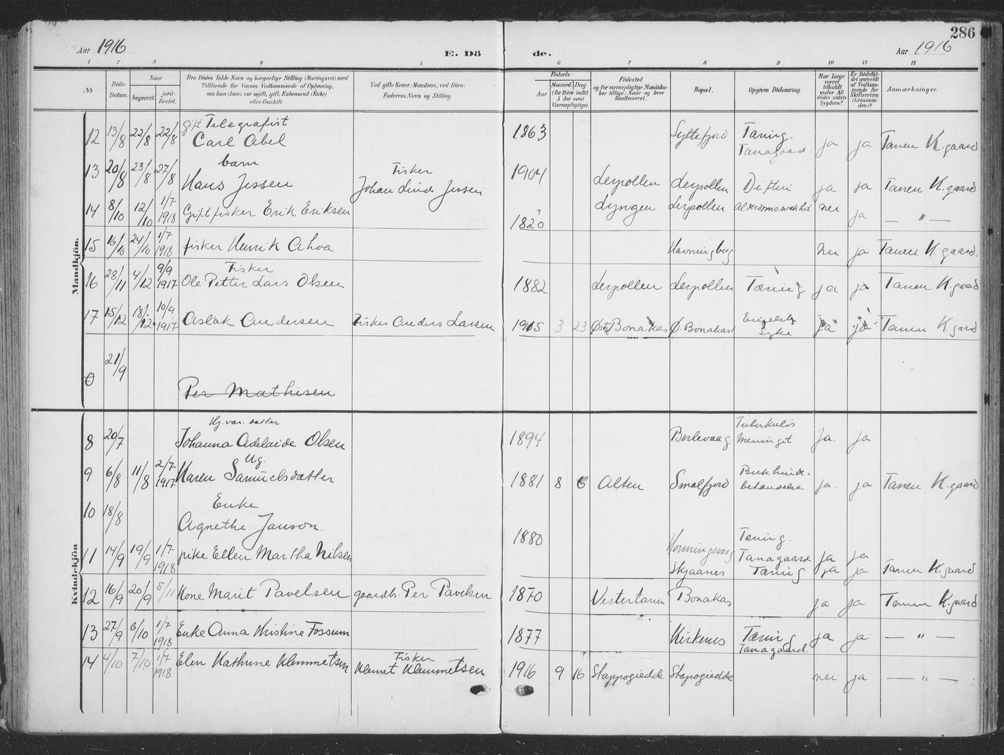 Tana sokneprestkontor, AV/SATØ-S-1334/H/Ha/L0007kirke: Parish register (official) no. 7, 1904-1918, p. 286