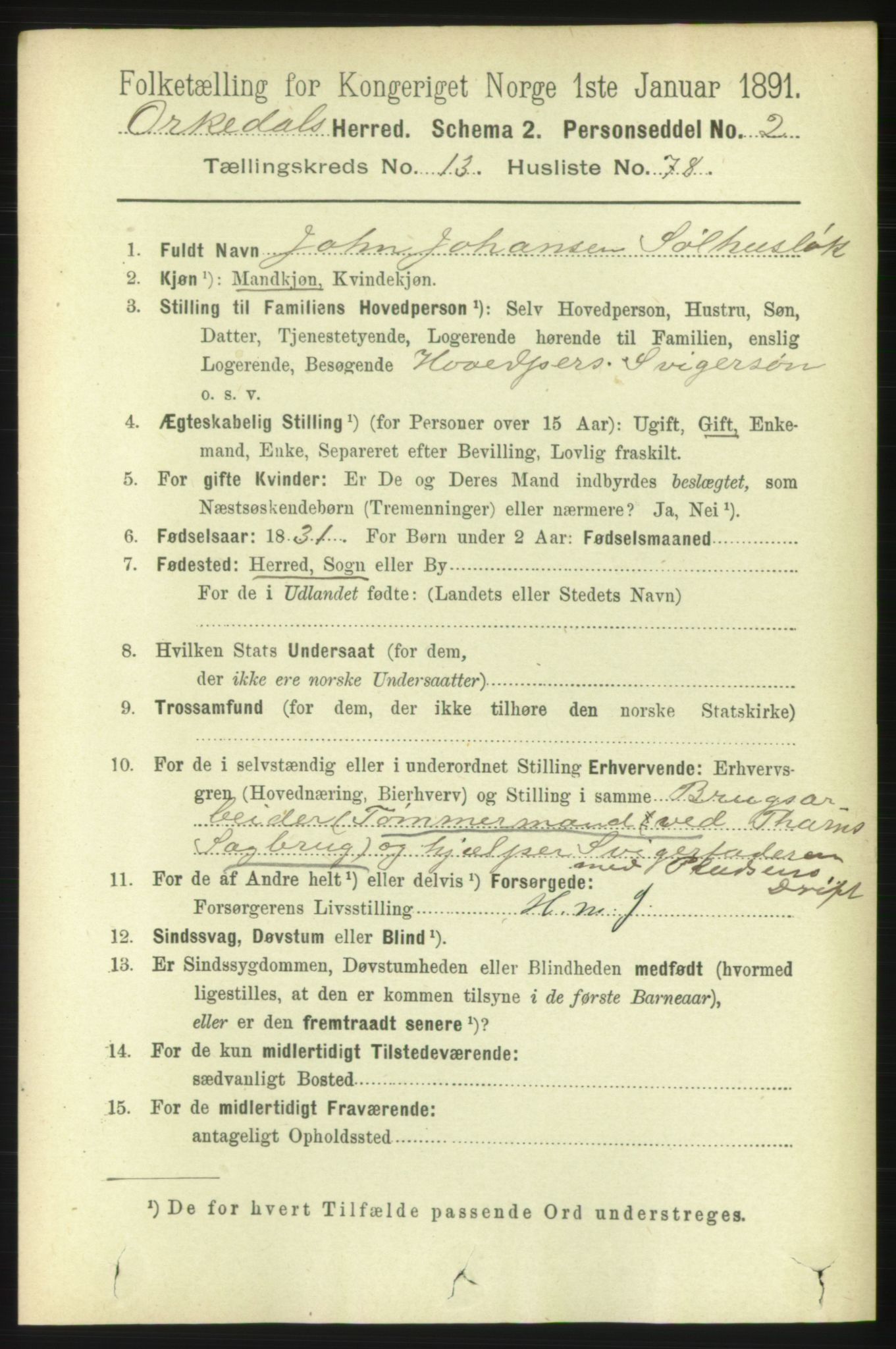 RA, 1891 census for 1638 Orkdal, 1891, p. 6485