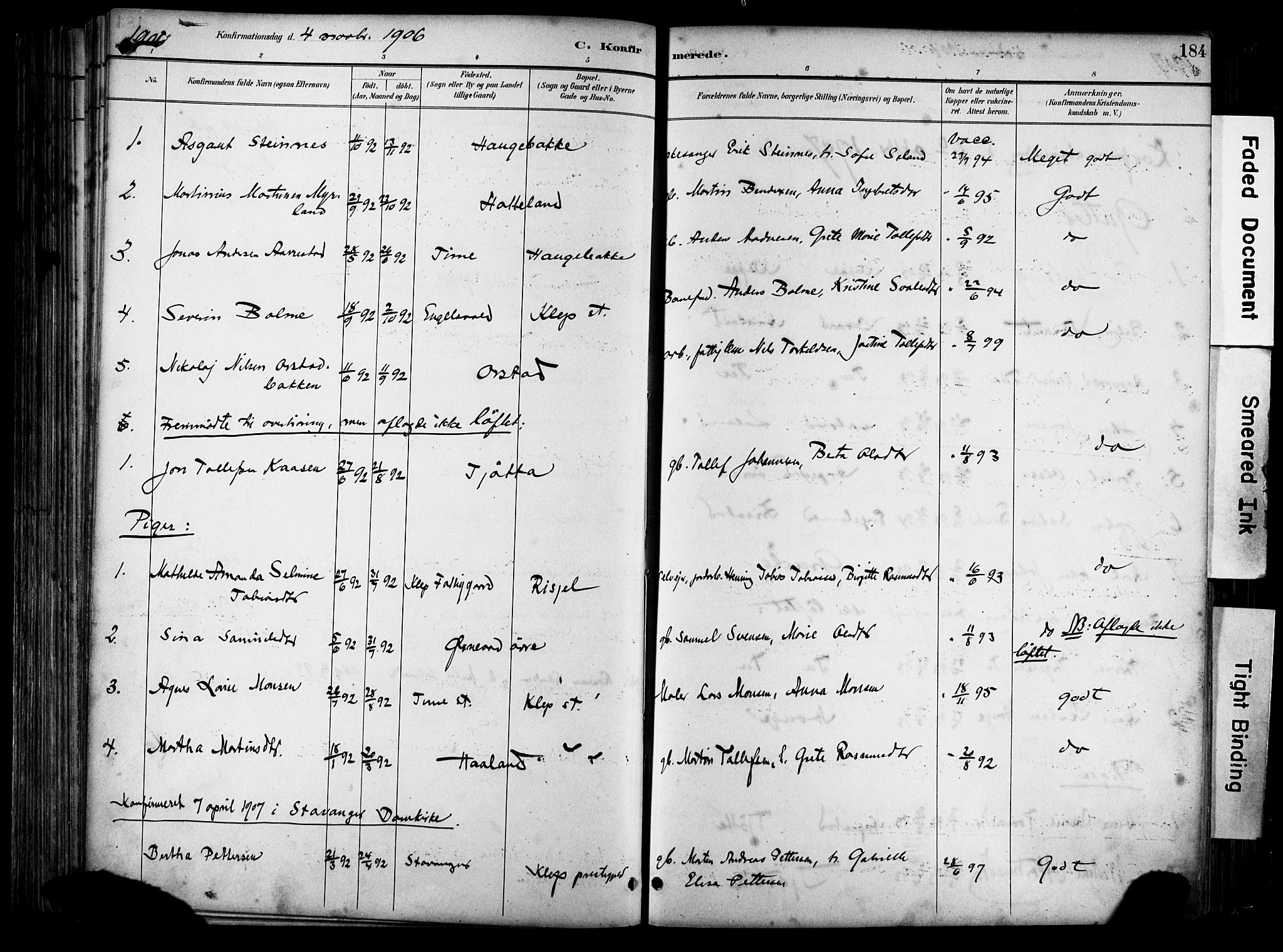 Klepp sokneprestkontor, AV/SAST-A-101803/001/3/30BA/L0009: Parish register (official) no. A 7, 1886-1915, p. 184