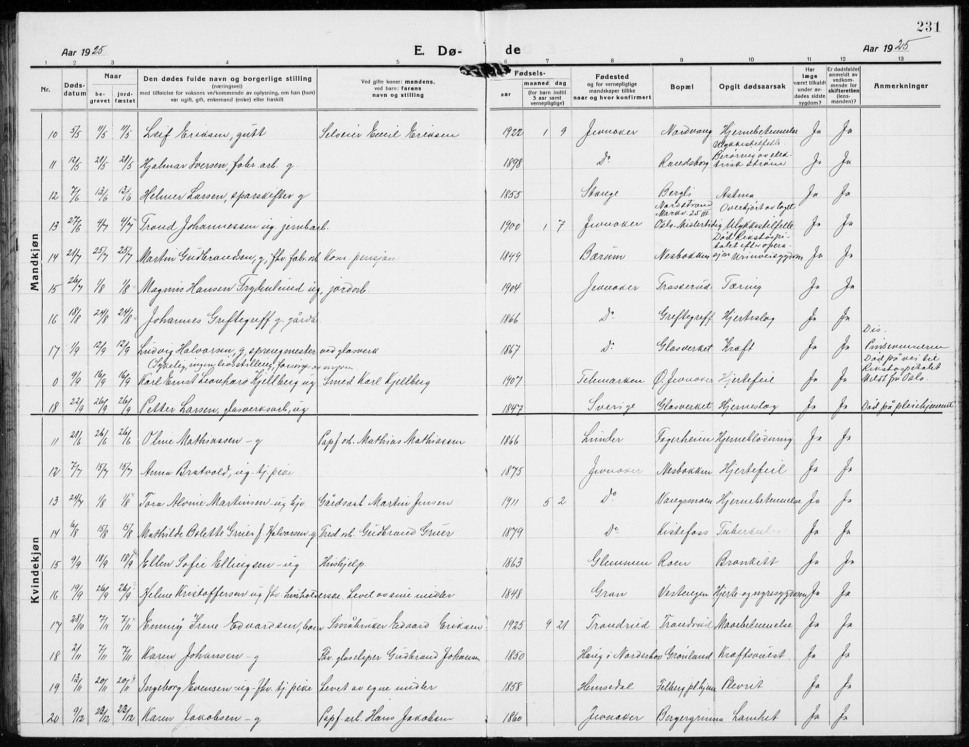 Jevnaker prestekontor, AV/SAH-PREST-116/H/Ha/Hab/L0005: Parish register (copy) no. 5, 1919-1934, p. 231