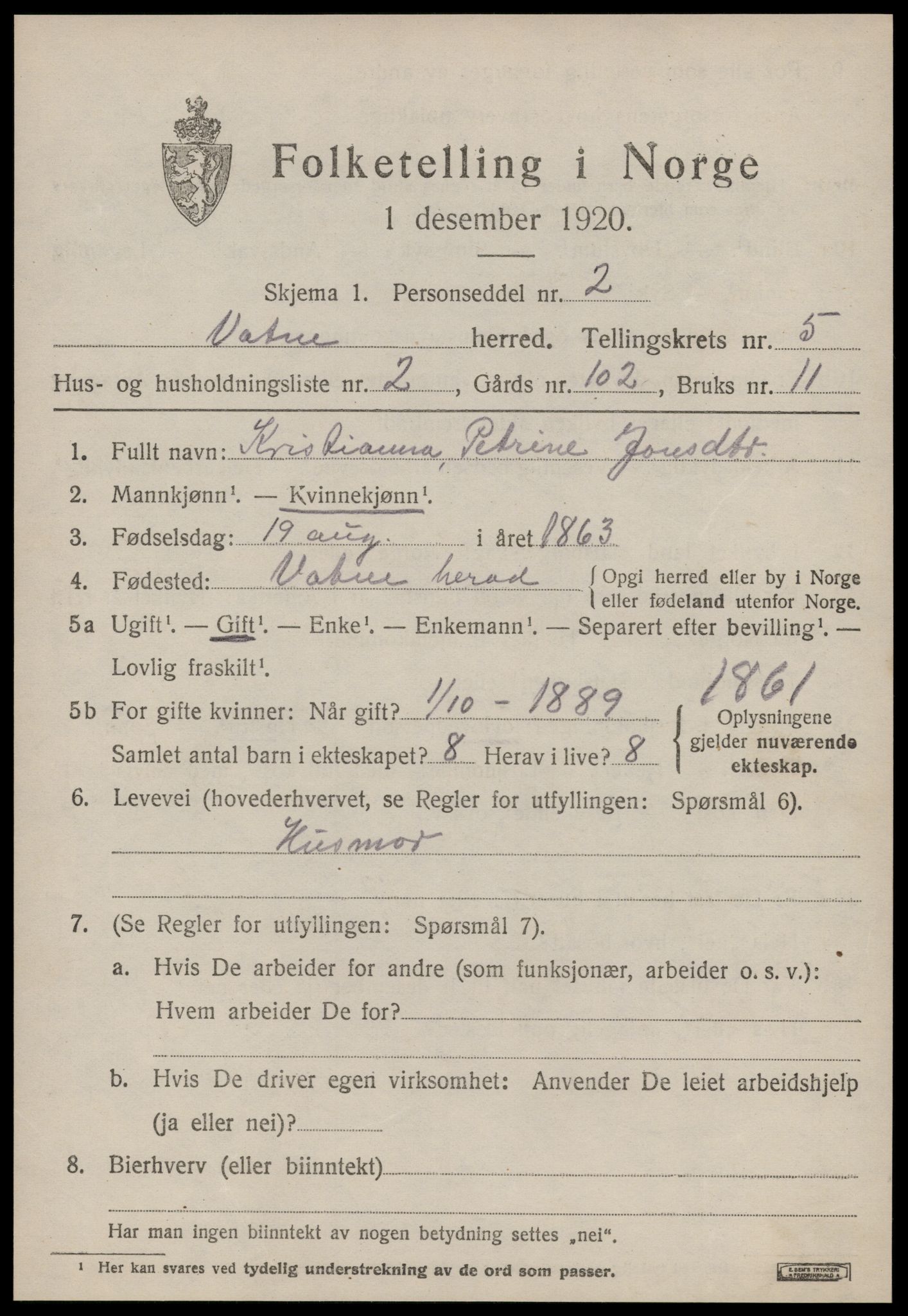 SAT, 1920 census for Vatne, 1920, p. 2158