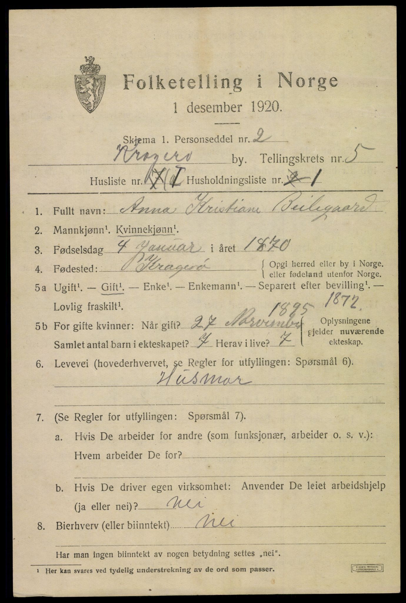 SAKO, 1920 census for Kragerø, 1920, p. 8229