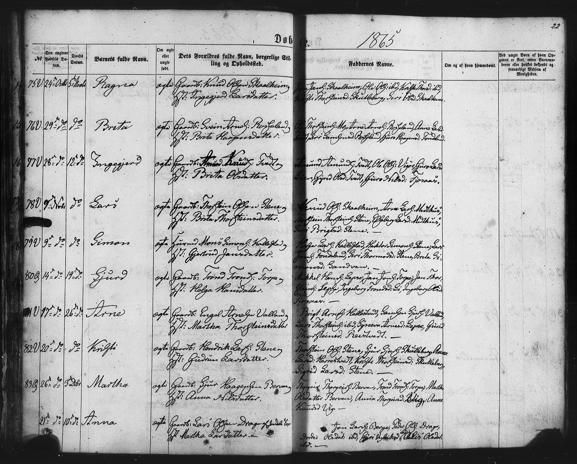 Kvam sokneprestembete, SAB/A-76201/H/Haa: Parish register (official) no. A 9, 1864-1879, p. 22