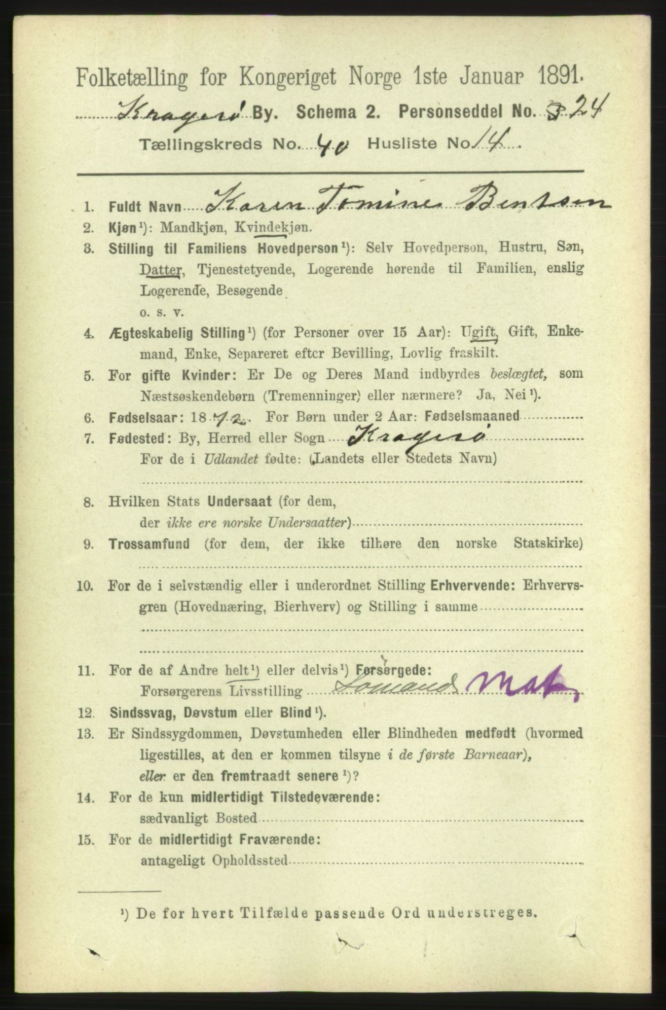 RA, 1891 census for 0801 Kragerø, 1891, p. 7505