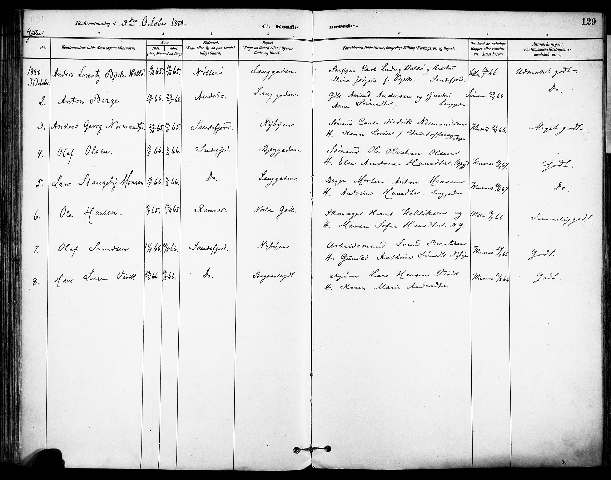 Sandefjord kirkebøker, AV/SAKO-A-315/F/Fa/L0002: Parish register (official) no. 2, 1880-1894, p. 129