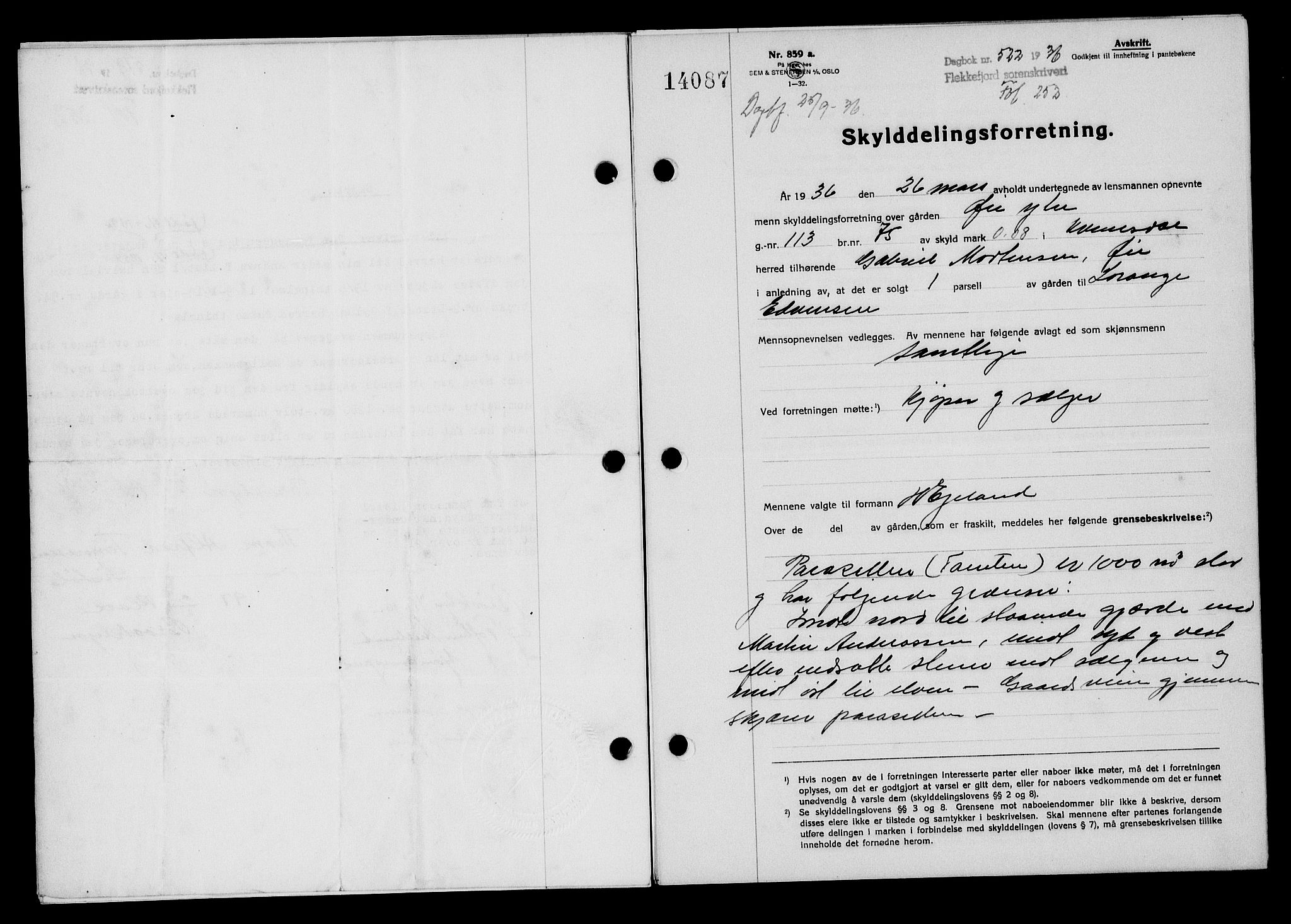 Flekkefjord sorenskriveri, SAK/1221-0001/G/Gb/Gba/L0053: Mortgage book no. A-1, 1936-1937, Diary no: : 522/1936