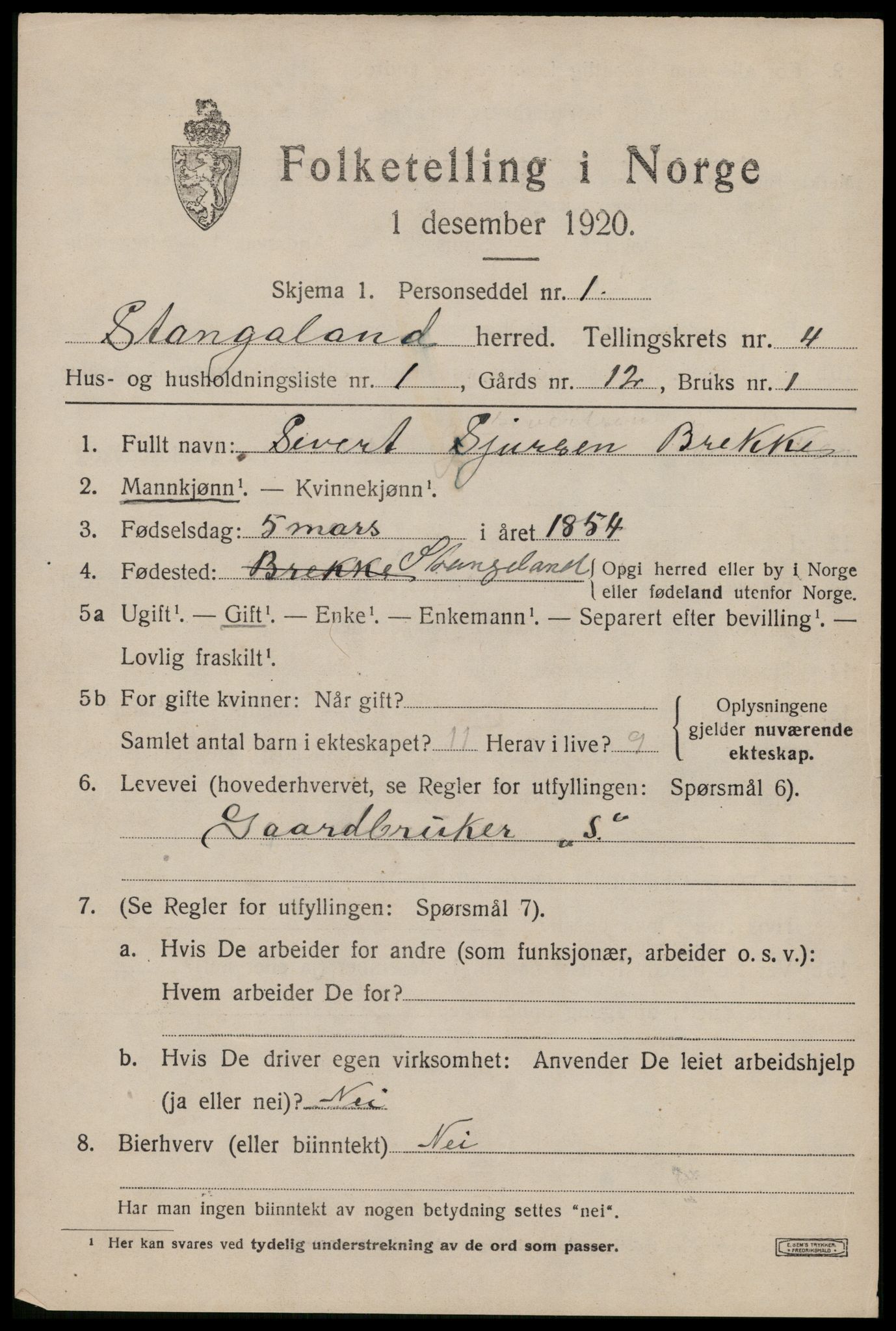 SAST, 1920 census for Stangaland, 1920, p. 2841