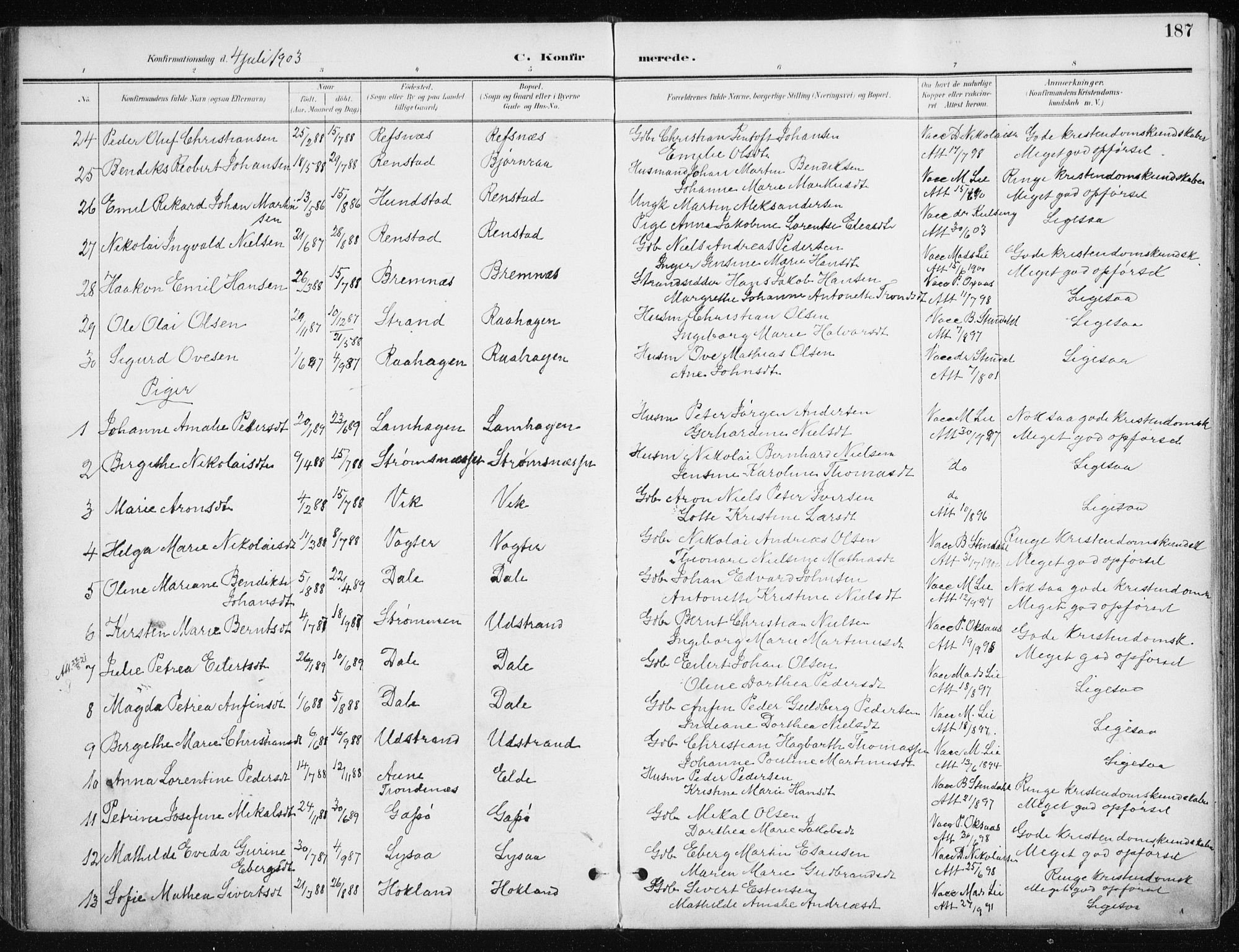 Kvæfjord sokneprestkontor, SATØ/S-1323/G/Ga/Gaa/L0006kirke: Parish register (official) no. 6, 1895-1914, p. 187