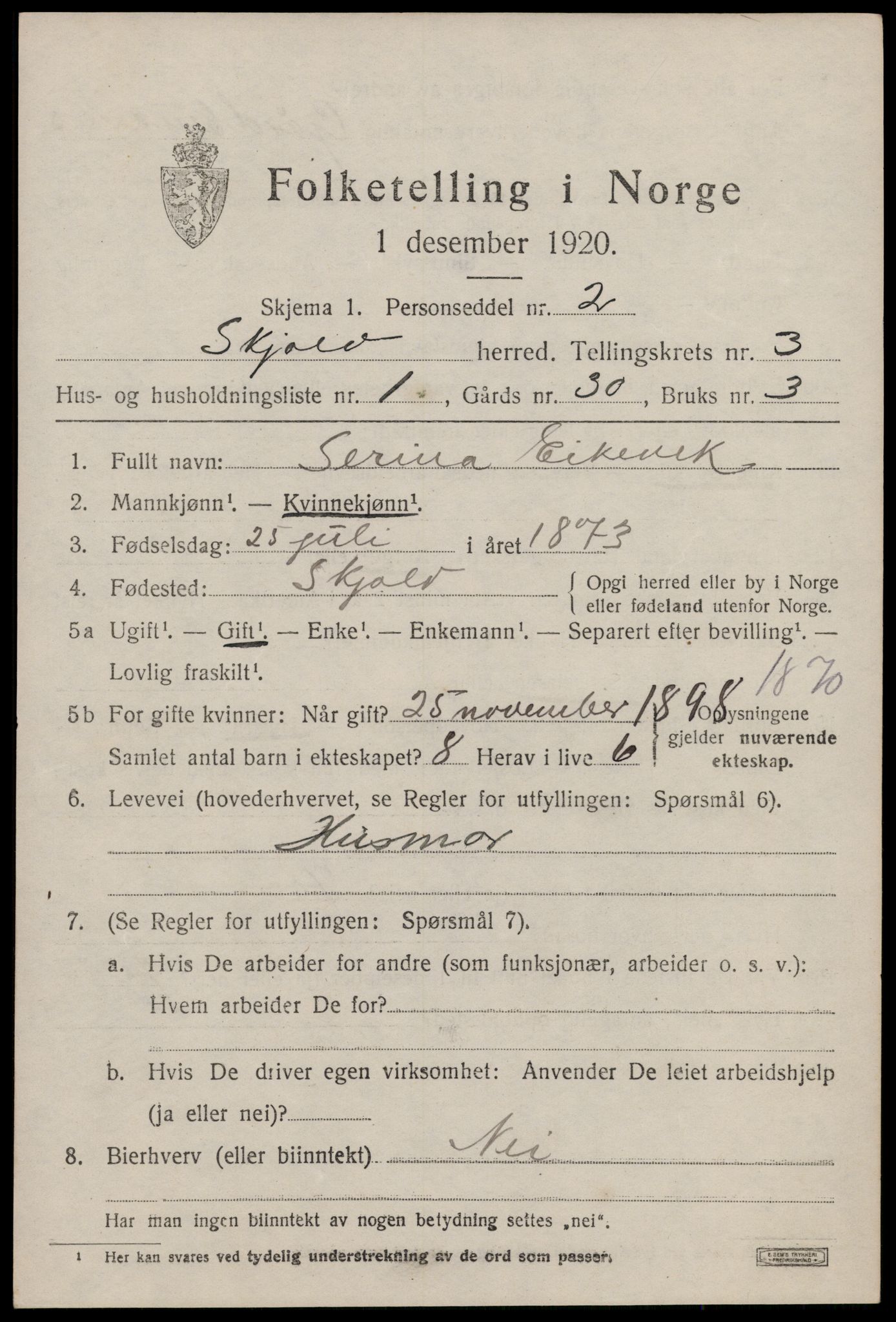 SAST, 1920 census for Skjold, 1920, p. 2004