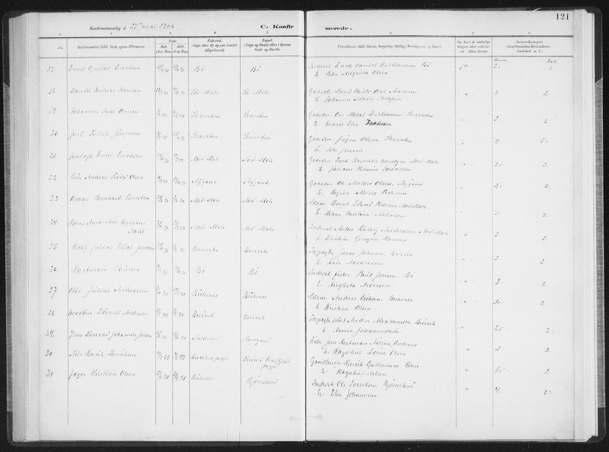 Ministerialprotokoller, klokkerbøker og fødselsregistre - Nordland, SAT/A-1459/897/L1400: Parish register (official) no. 897A07, 1897-1908, p. 121