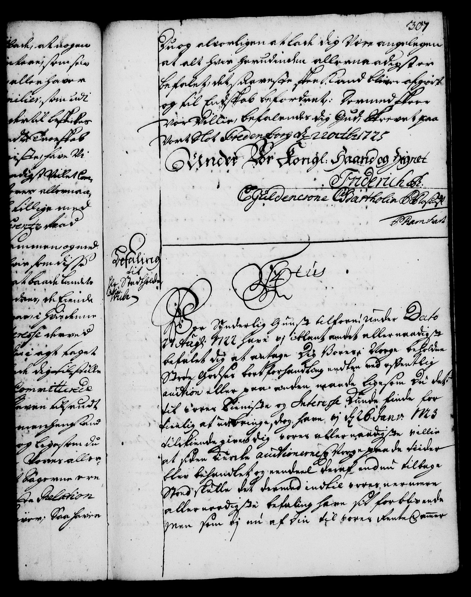 Rentekammeret, Kammerkanselliet, RA/EA-3111/G/Gg/Gga/L0002: Norsk ekspedisjonsprotokoll med register (merket RK 53.2), 1723-1727, p. 307
