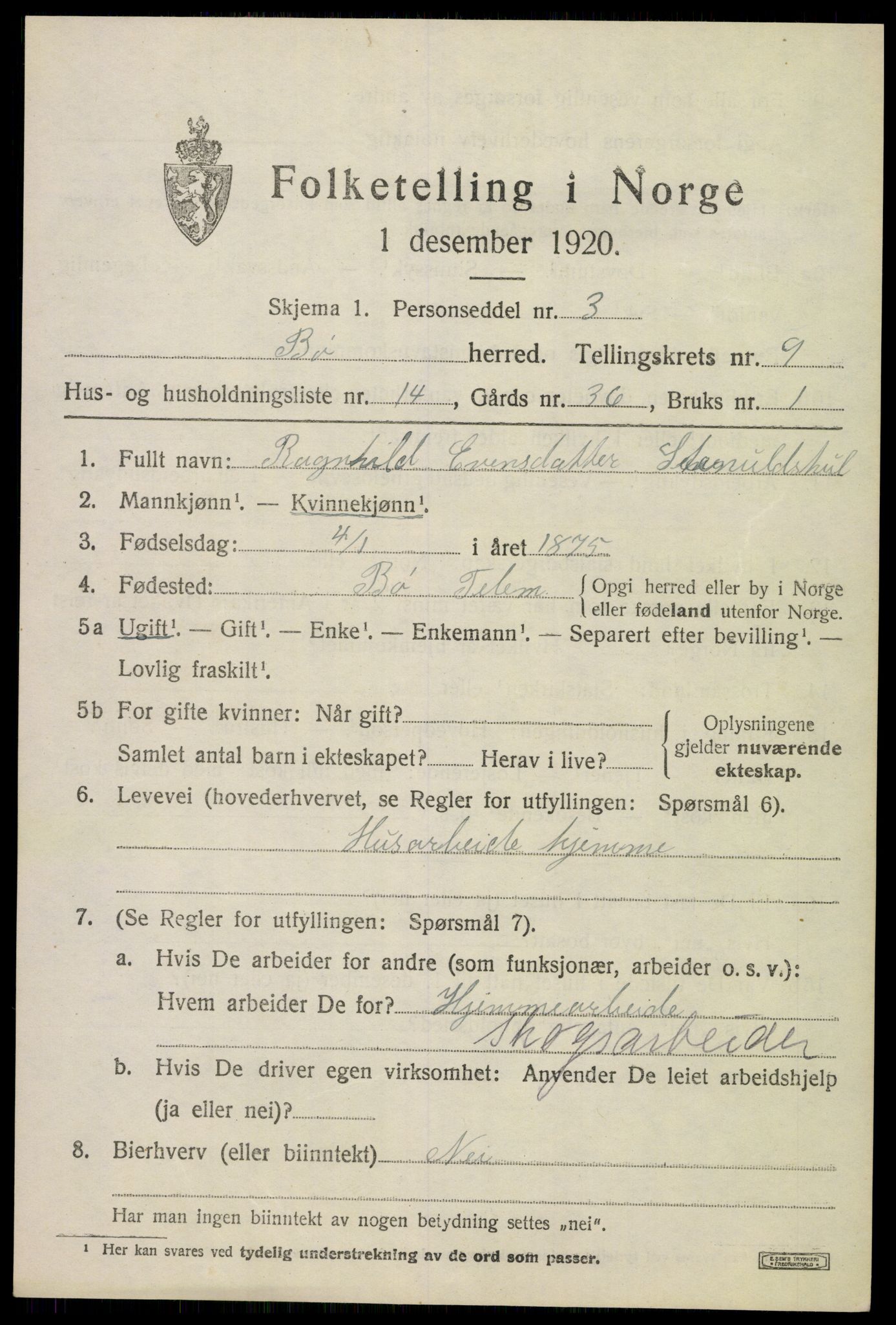 SAKO, 1920 census for Bø (Telemark), 1920, p. 6556